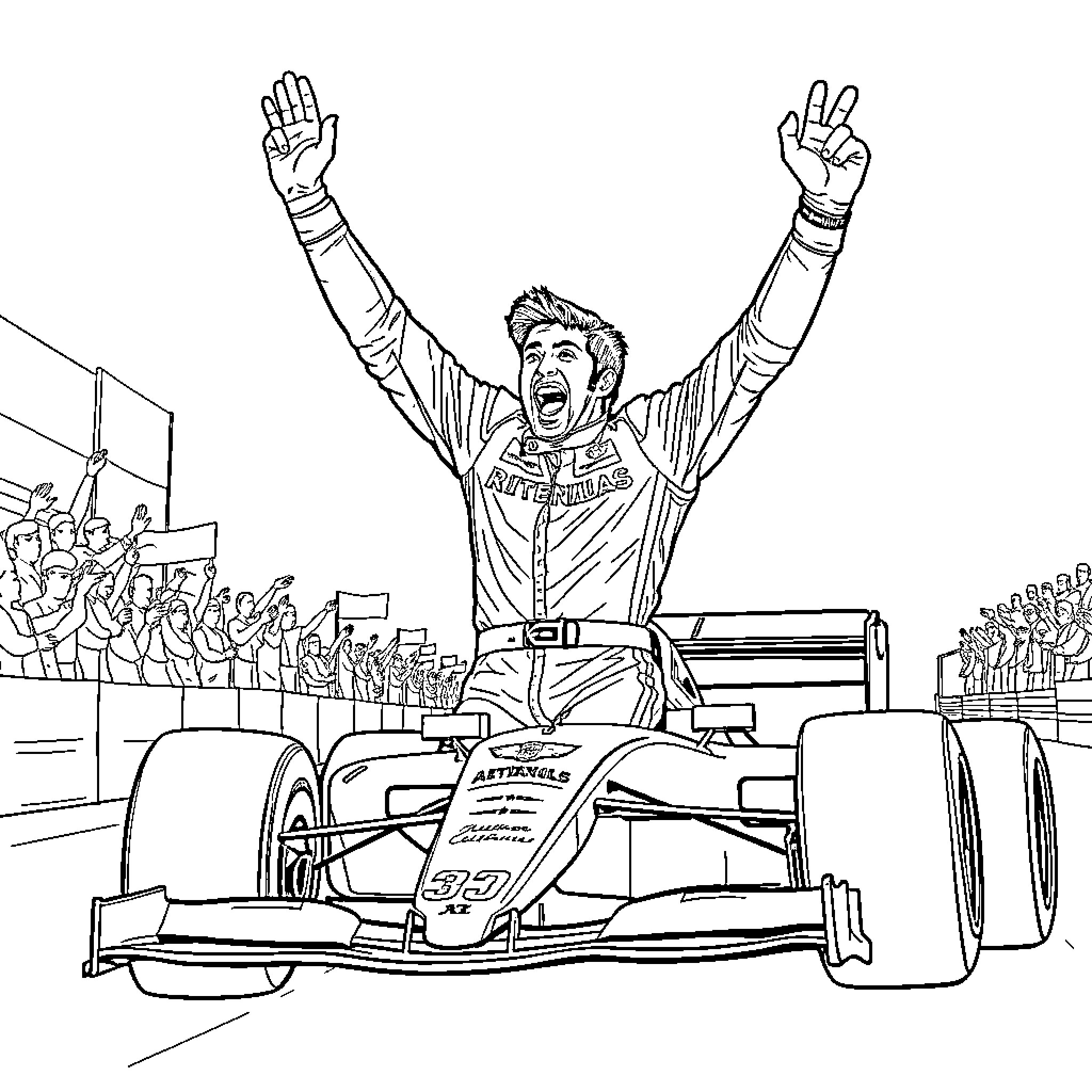 Fernando Alonso Celebrating Victory in Racing Car Coloring Page (free black-and-white line drawing printable PDF for all, from beginners to advanced learners, including children, teens, adults, and seniors)