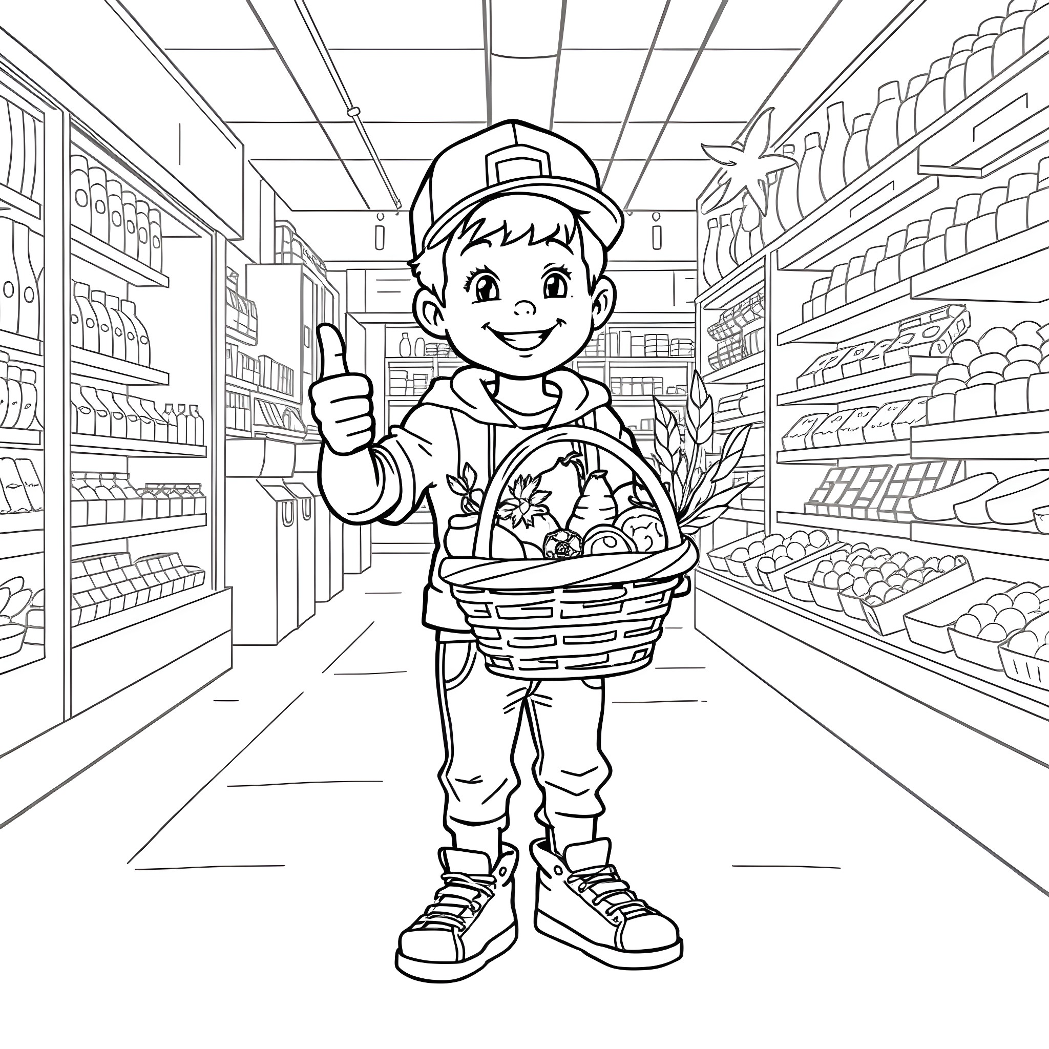 Boy happily shopping with basket in grocery store Coloring Page (free black-and-white line drawing printable PDF for all, from beginners to advanced learners, including children, teens, adults, and seniors)