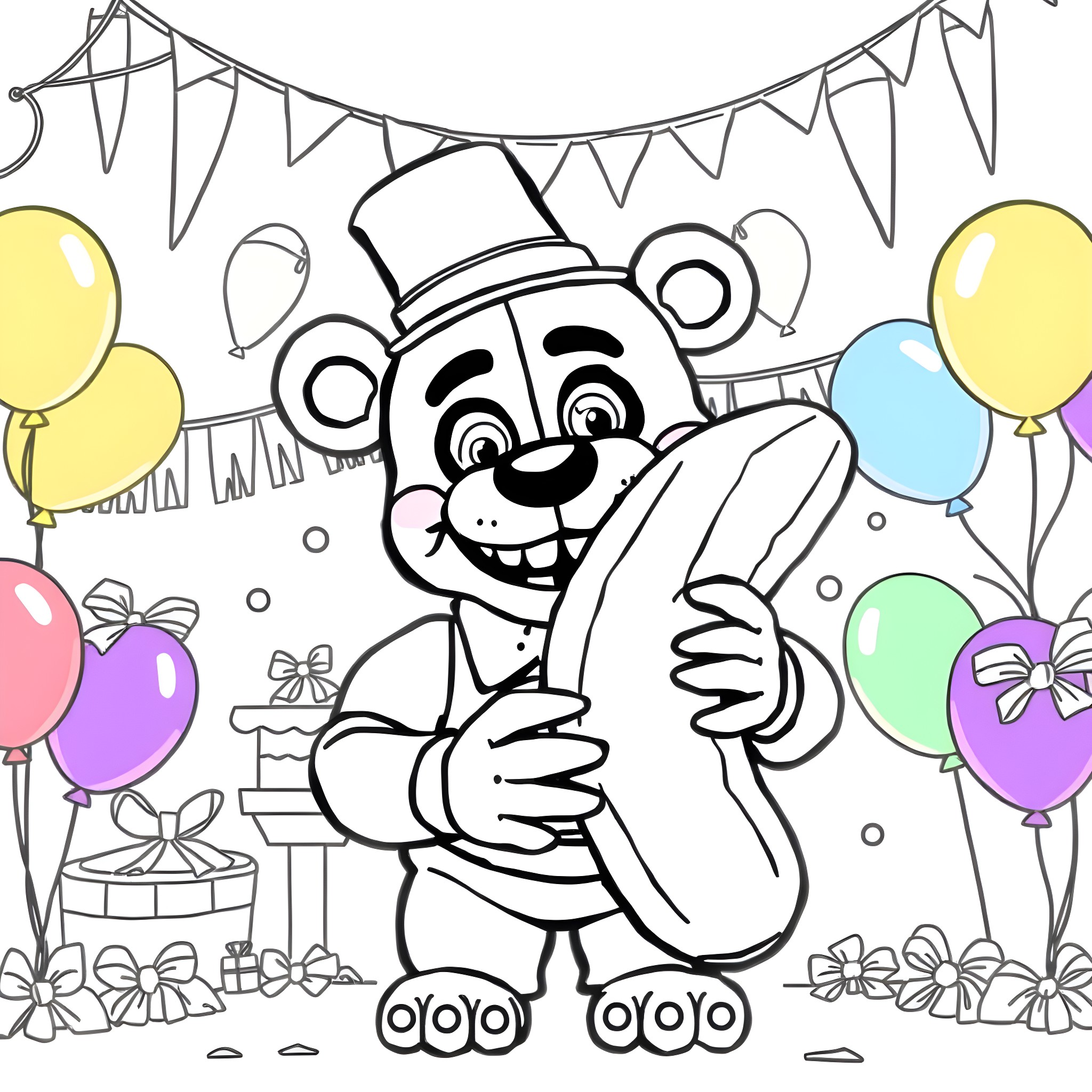 Freddy Fazbear Celebrates Joyfully at Party Coloring Page (free black-and-white line drawing printable PDF for all, from beginners to advanced learners, including children, teens, adults, and seniors)