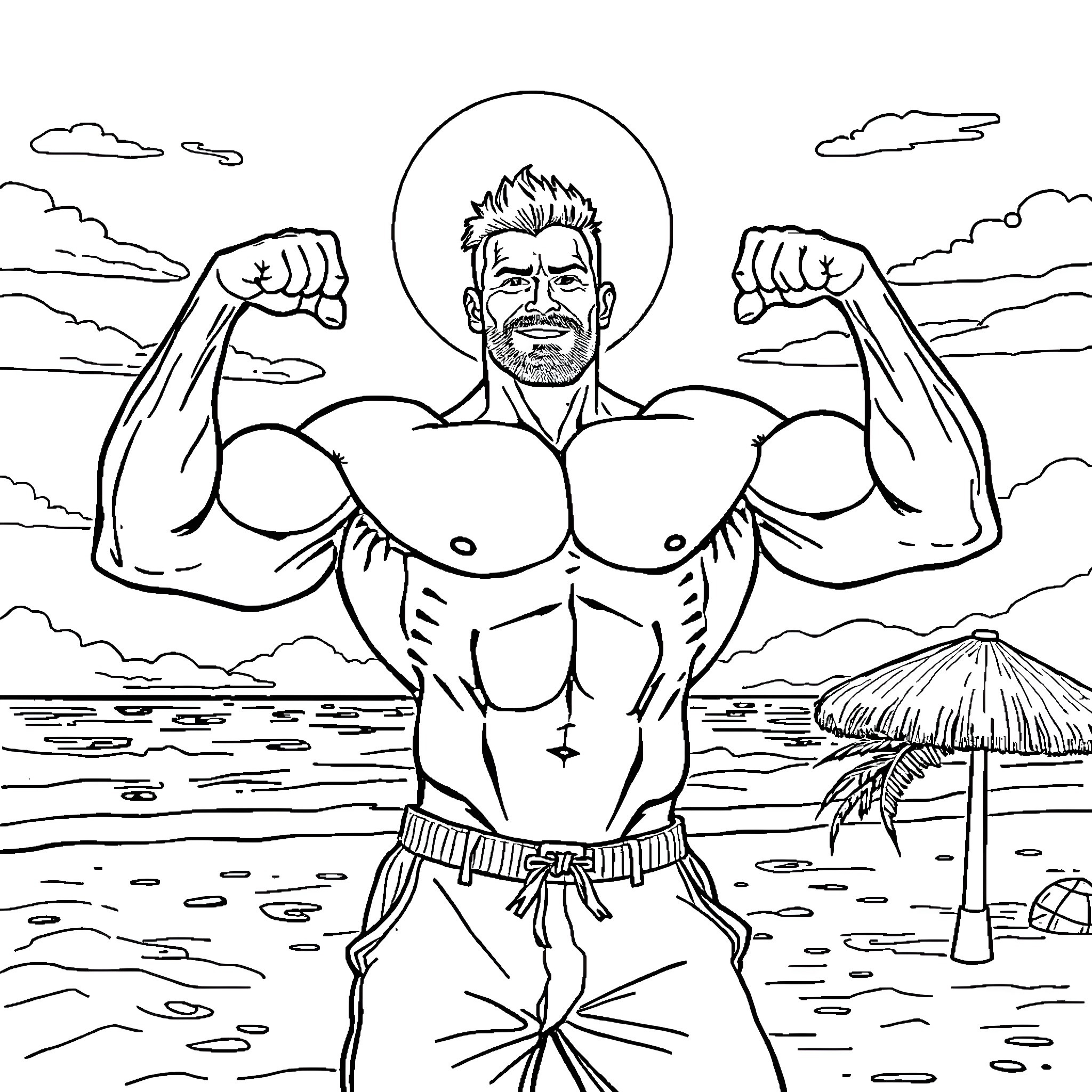 Bodybuilder striking powerful poses on the beach Coloring Page (free black-and-white line drawing printable PDF for all, from beginners to advanced learners, including children, teens, adults, and seniors)