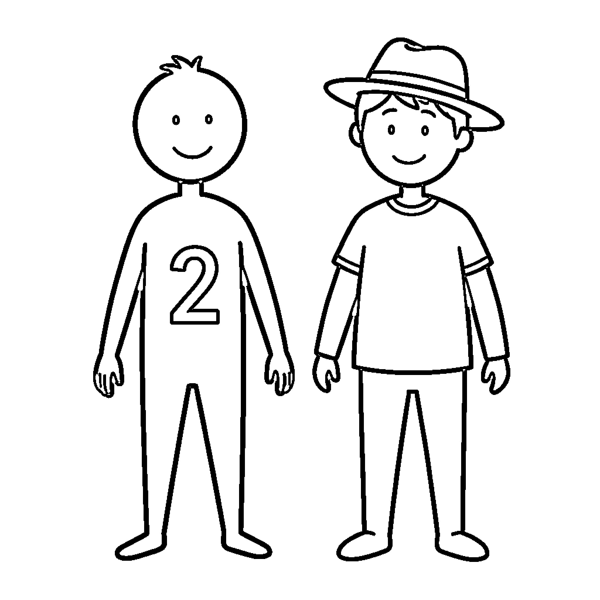 Stickman figures standing side by side smiling Coloring Page (free black-and-white line drawing printable PDF for all, from beginners to advanced learners, including children, teens, adults, and seniors)