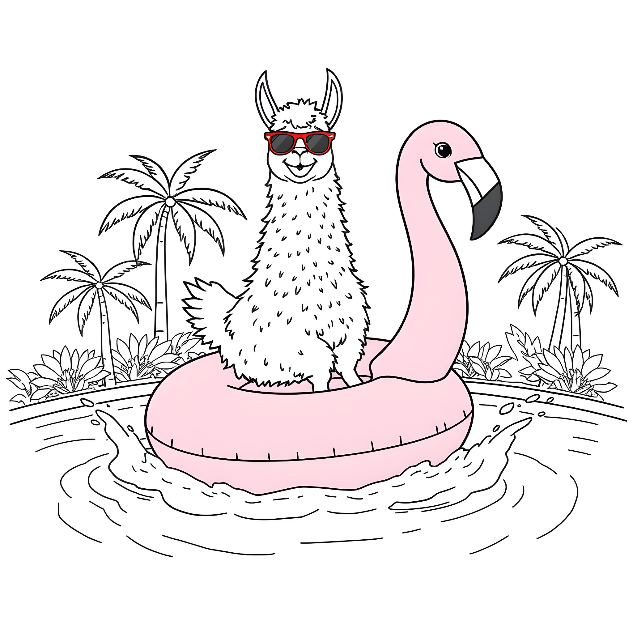 Llama relaxing on a flamingo float in a tropical setting Coloring Page (free black-and-white line drawing printable PDF for all, from beginners to advanced learners, including children, teens, adults, and seniors)