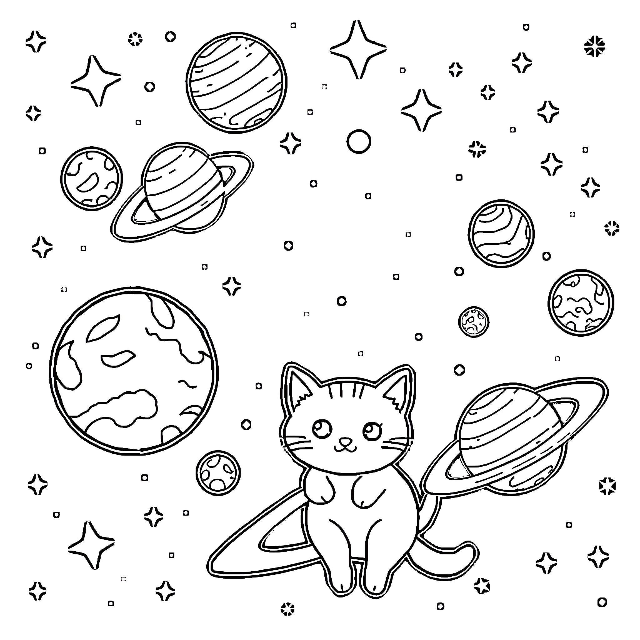 Cat exploring the cosmic universe Coloring Page (free black-and-white line drawing printable PDF for all, from beginners to advanced learners, including children, teens, adults, and seniors)