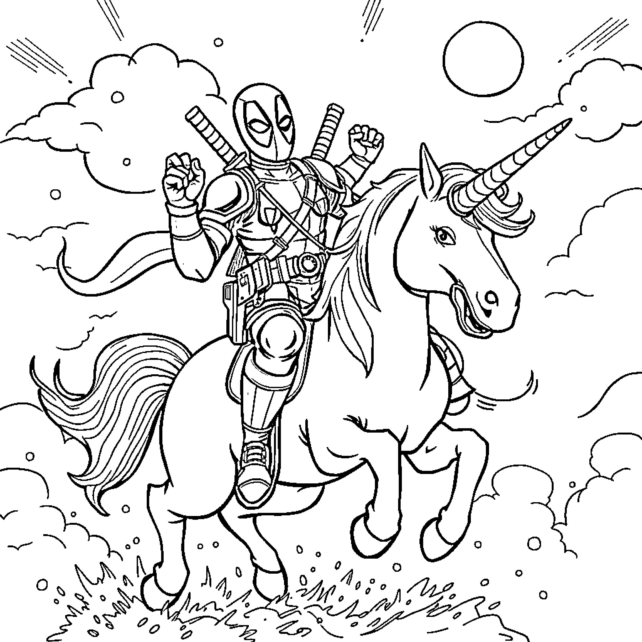 Deadpool riding a unicorn in an action-packed scene Coloring Page (free black-and-white line drawing printable PDF for all, from beginners to advanced learners, including children, teens, adults, and seniors)