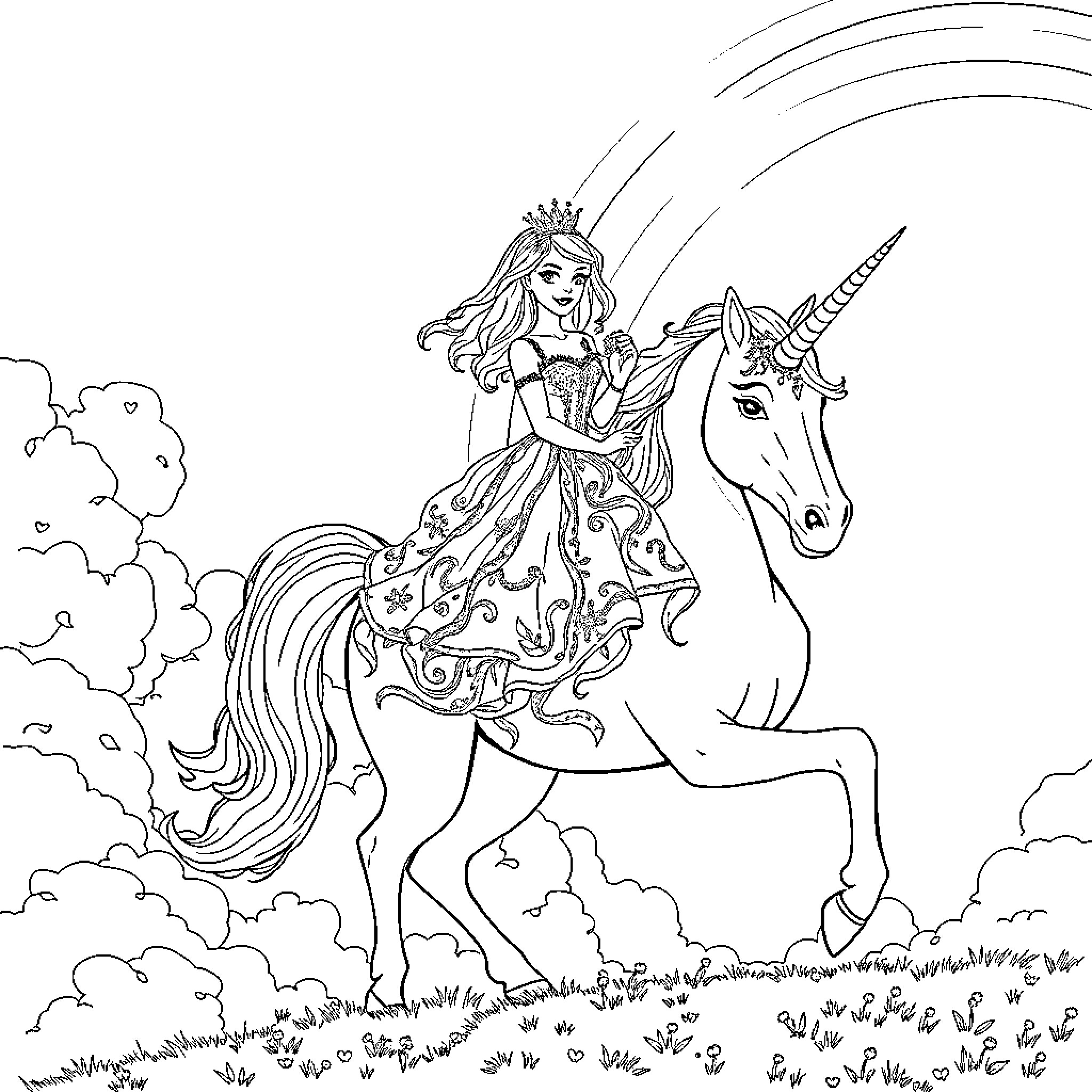 Princess riding a majestic unicorn in a magical landscape Coloring Page (free black-and-white line drawing printable PDF for all, from beginners to advanced learners, including children, teens, adults, and seniors)