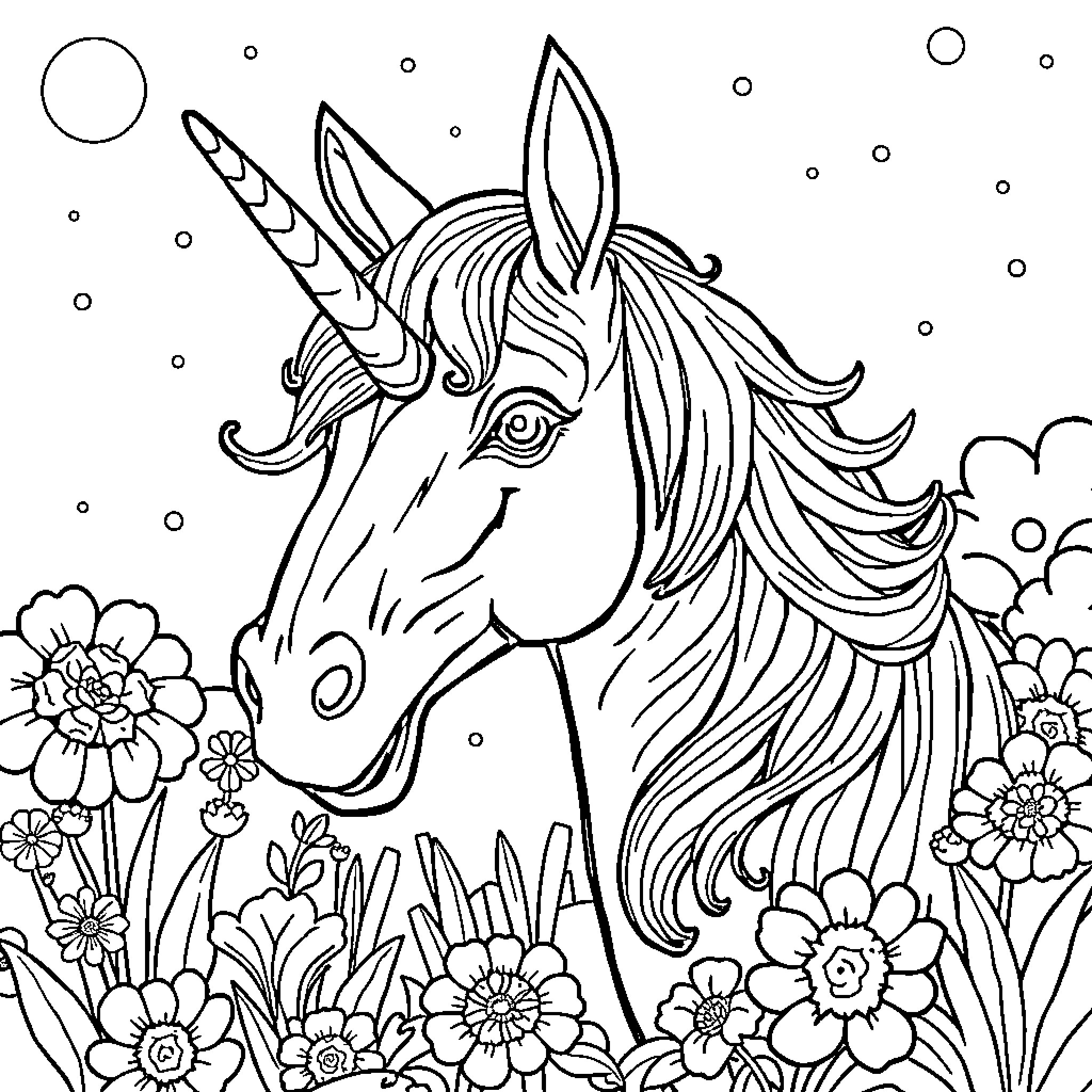 Licorne unicorn amidst magical floral scene Coloring Page (free black-and-white line drawing printable PDF for all, from beginners to advanced learners, including children, teens, adults, and seniors)