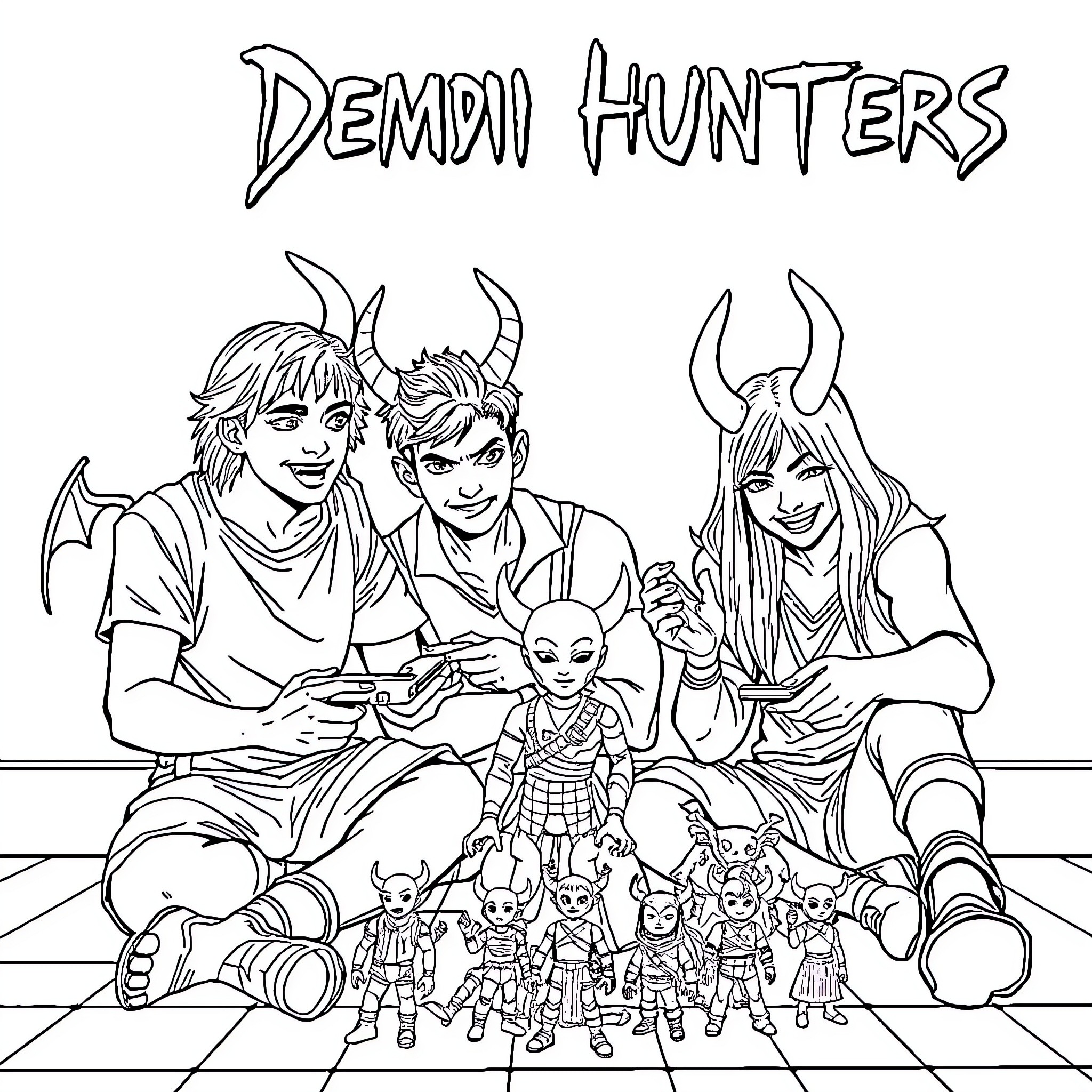 Demon Hunters with a Motley Crew of Companions Coloring Page (free black-and-white line drawing printable PDF for all, from beginners to advanced learners, including children, teens, adults, and seniors)