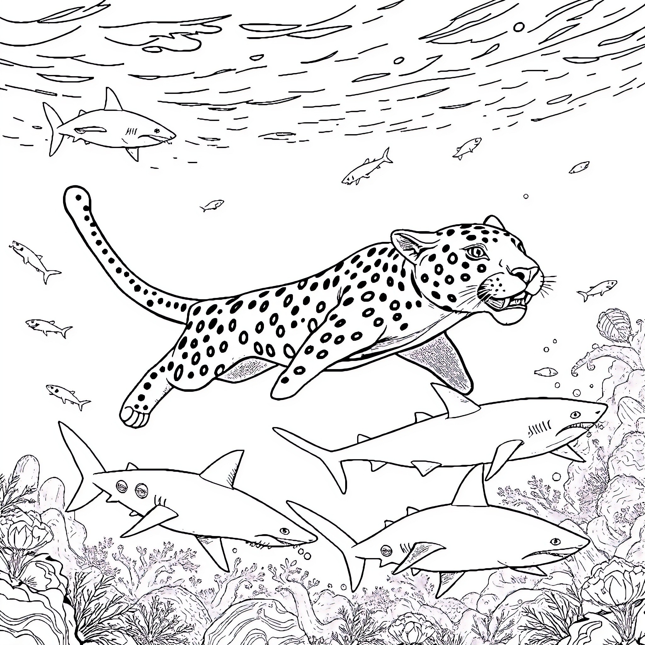Stanley C Panther swimming with sharks in the ocean Coloring Page (free black-and-white line drawing printable PDF for all, from beginners to advanced learners, including children, teens, adults, and seniors)