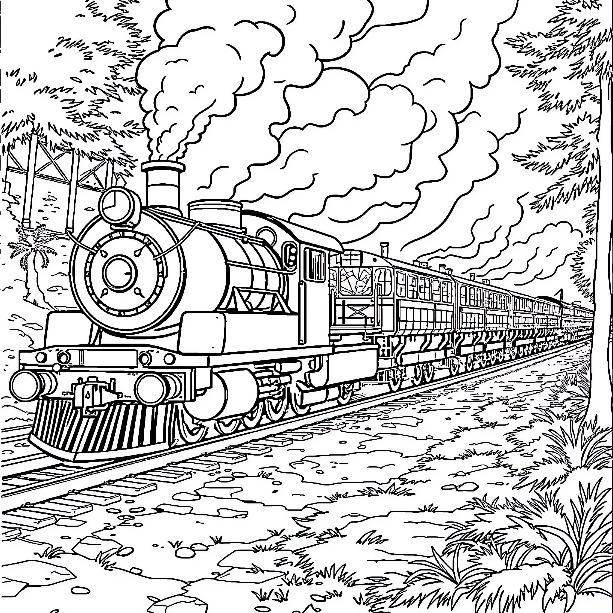 Train speeding through a scenic landscape Coloring Page (free black-and-white line drawing printable PDF for all, from beginners to advanced learners, including children, teens, adults, and seniors)