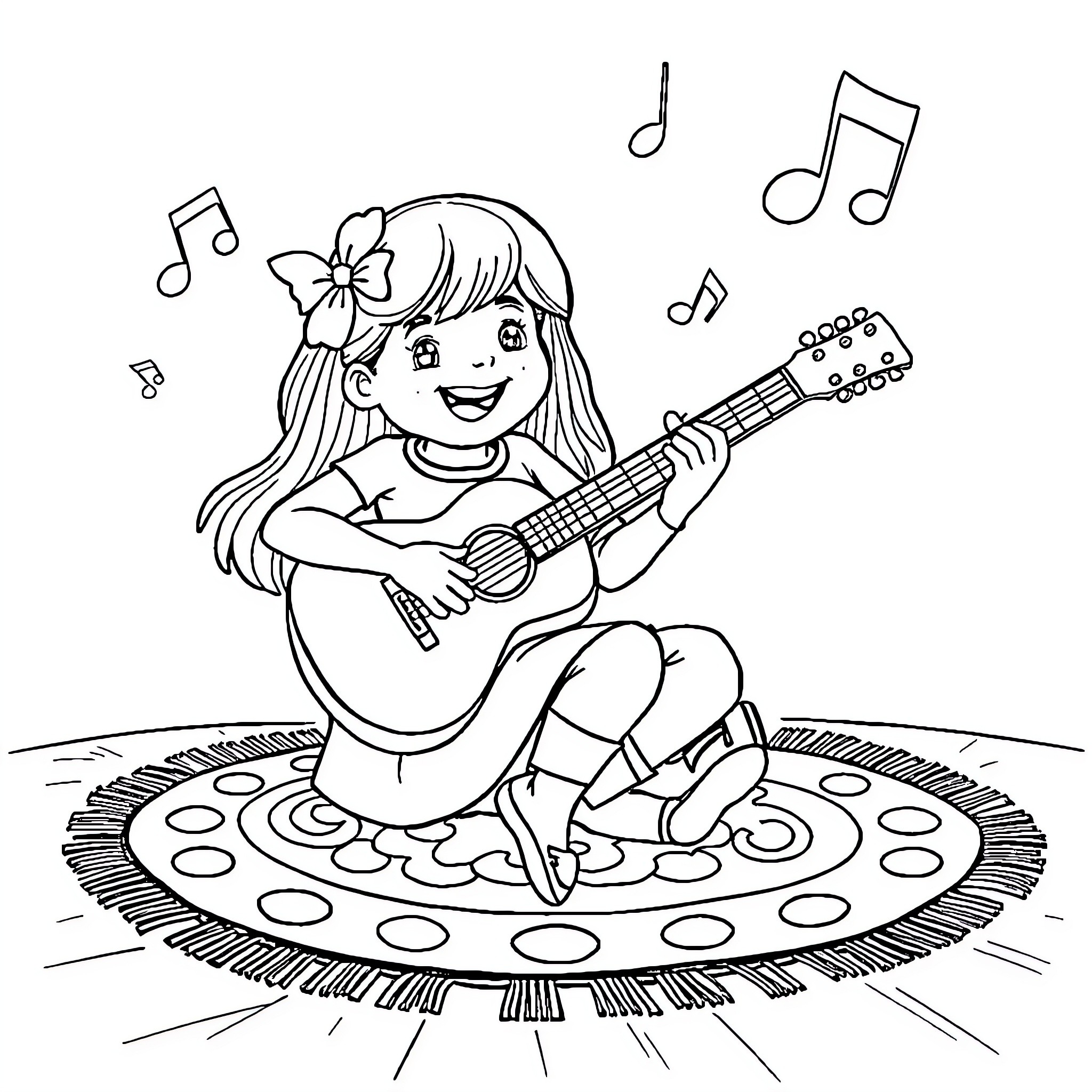 Jellybeans Girl Playing Guitar and Singing Joyfully Coloring Page (free black-and-white line drawing printable PDF for all, from beginners to advanced learners, including children, teens, adults, and seniors)