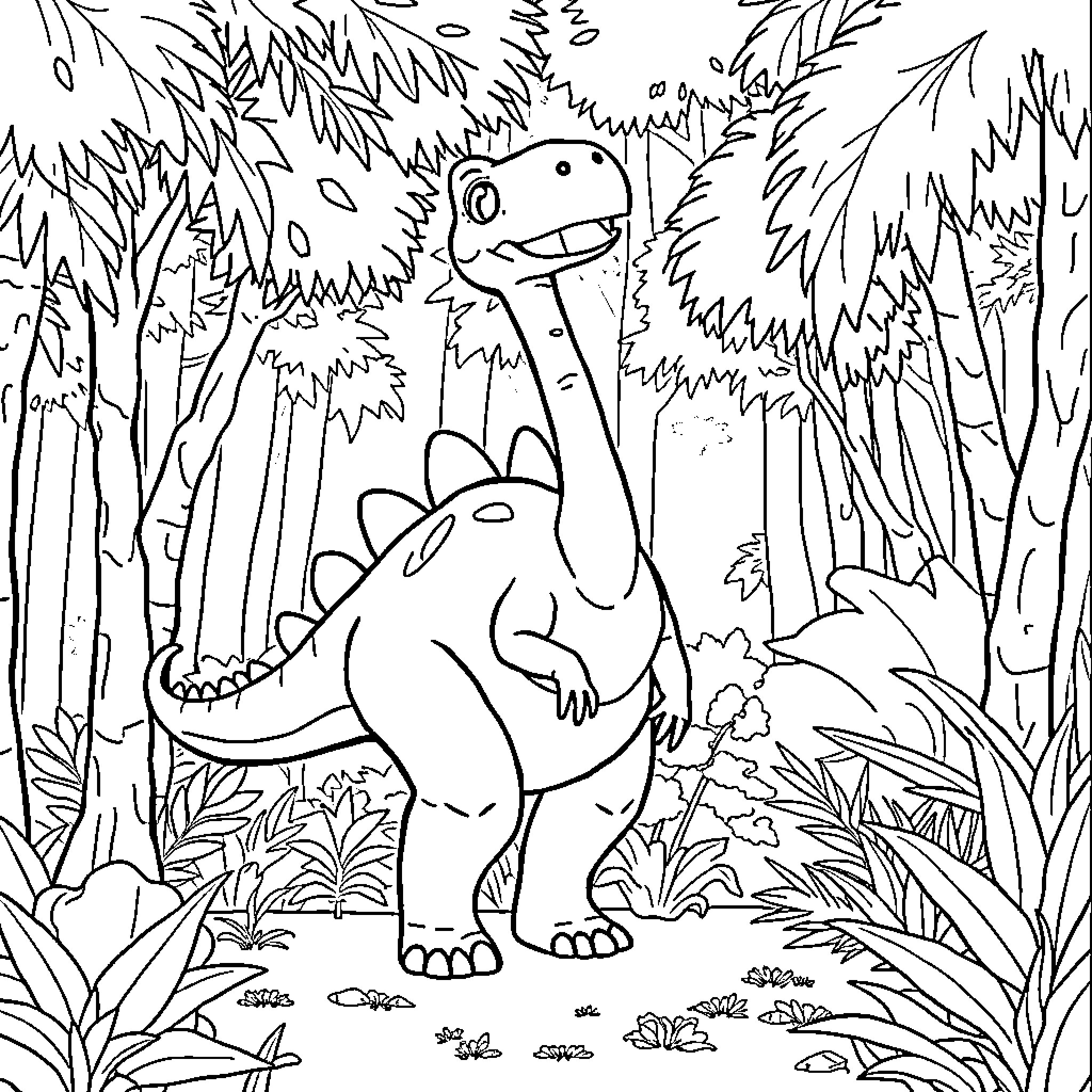 Corythosaurus exploring the prehistoric forest Coloring Page (free black-and-white line drawing printable PDF for all, from beginners to advanced learners, including children, teens, adults, and seniors)