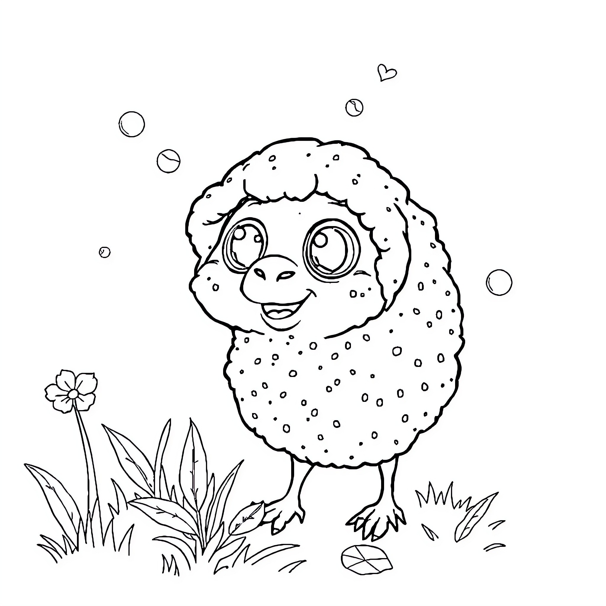 Caca the Silly Spotted Chick in the Garden Coloring Page (free black-and-white line drawing printable PDF for all, from beginners to advanced learners, including children, teens, adults, and seniors)