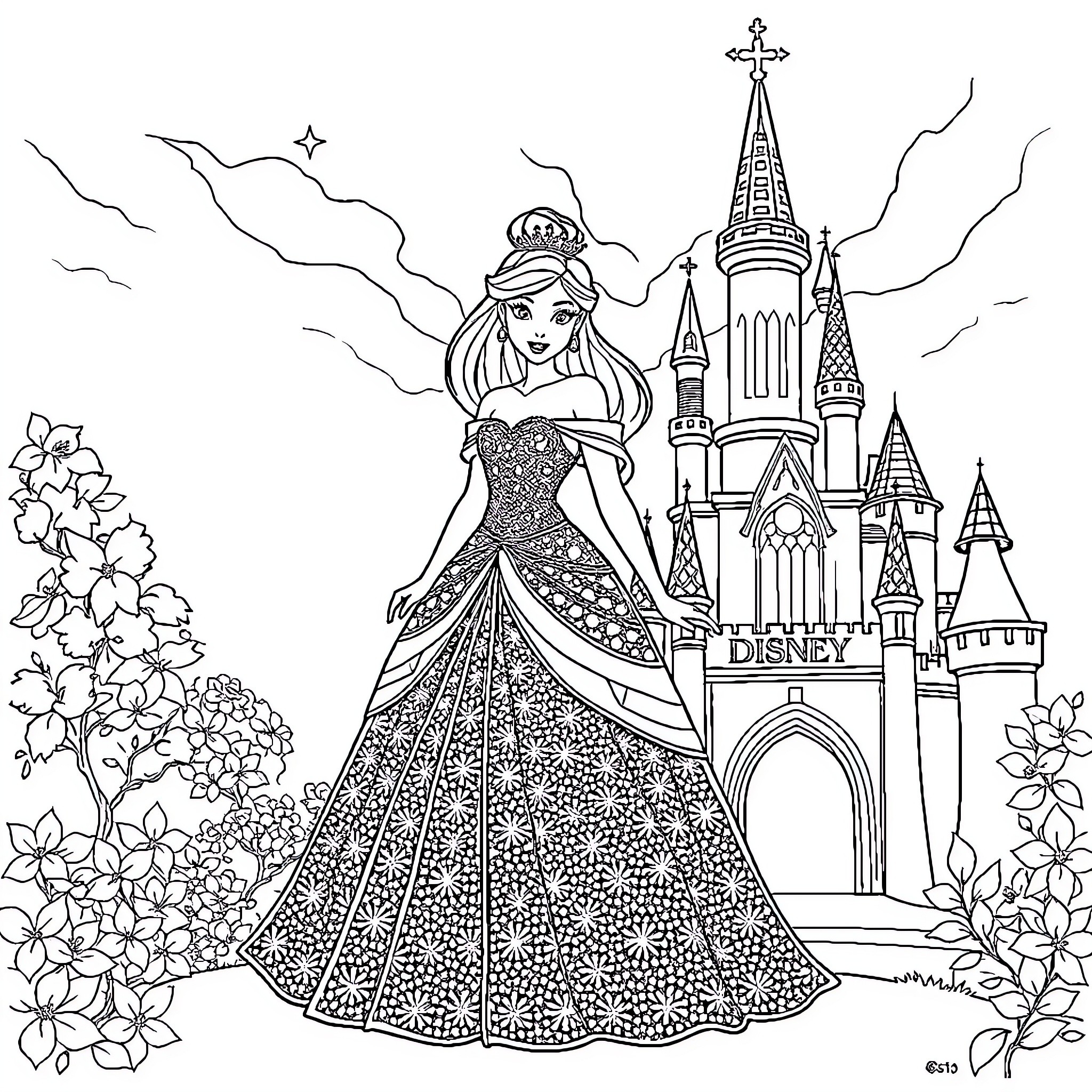 Disney Princess in Elegant Ballgown at Castle Coloring Page (free black-and-white line drawing printable PDF for all, from beginners to advanced learners, including children, teens, adults, and seniors)
