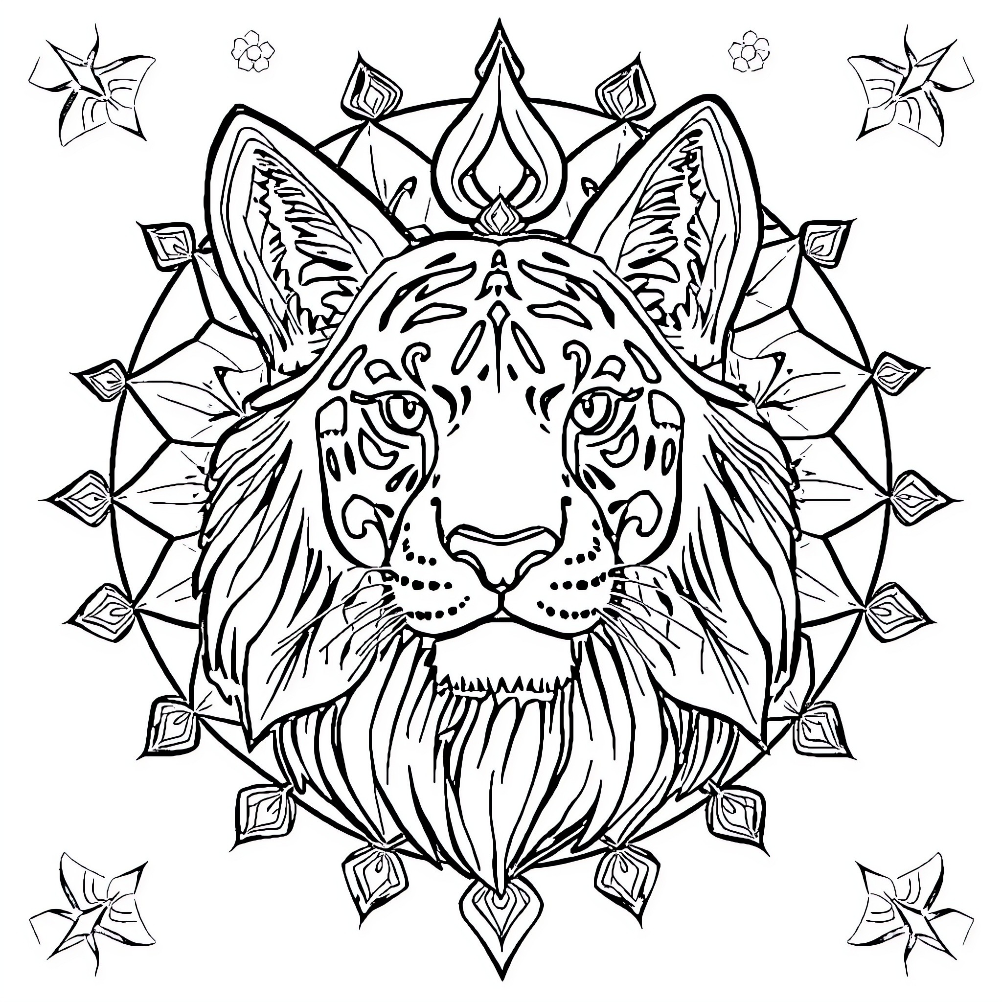 Detail of ornamental tiger portrait with floral elements Coloring Page (free black-and-white line drawing printable PDF for all, from beginners to advanced learners, including children, teens, adults, and seniors)