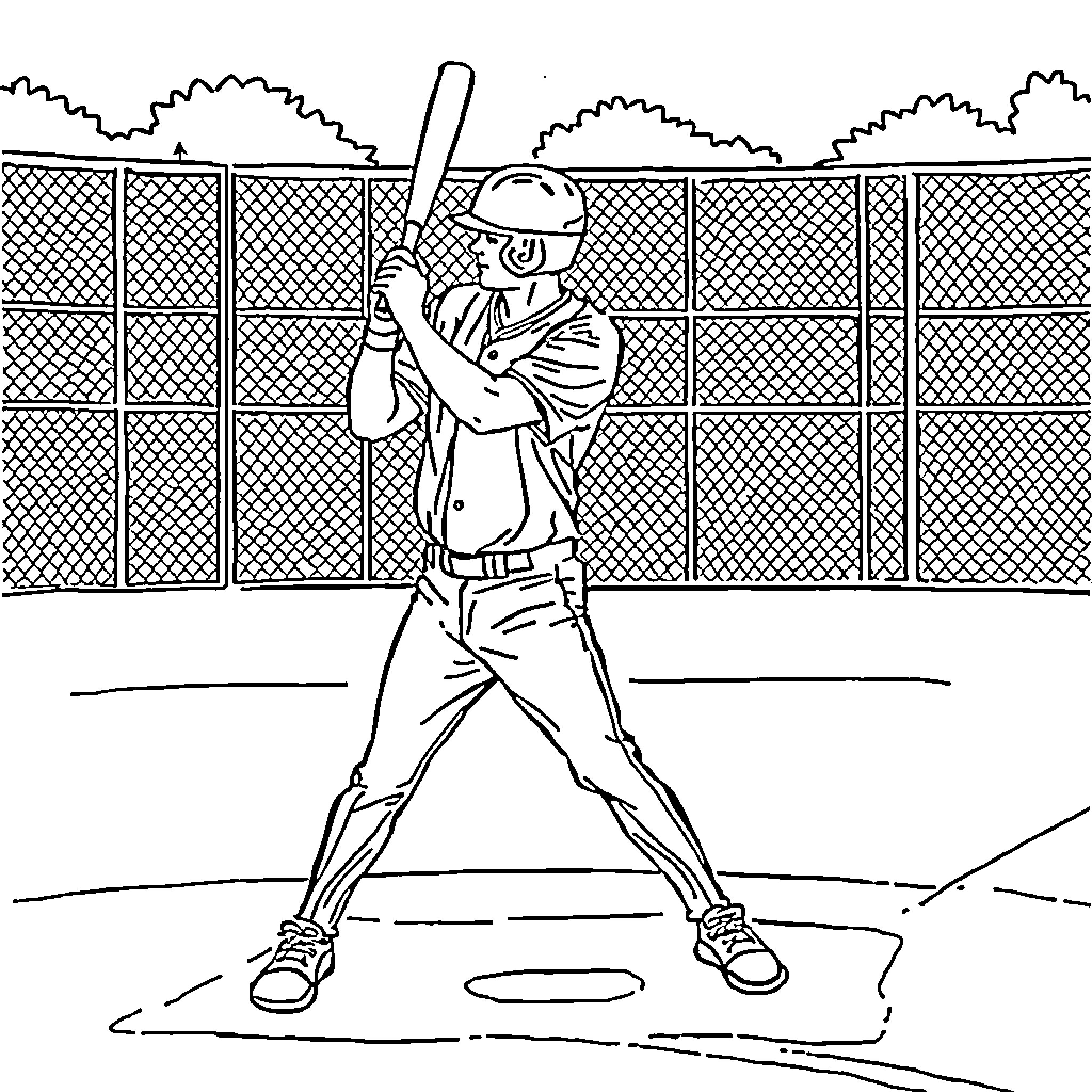 Baseball Player Batting with Determination Coloring Page (free black-and-white line drawing printable PDF for all, from beginners to advanced learners, including children, teens, adults, and seniors)