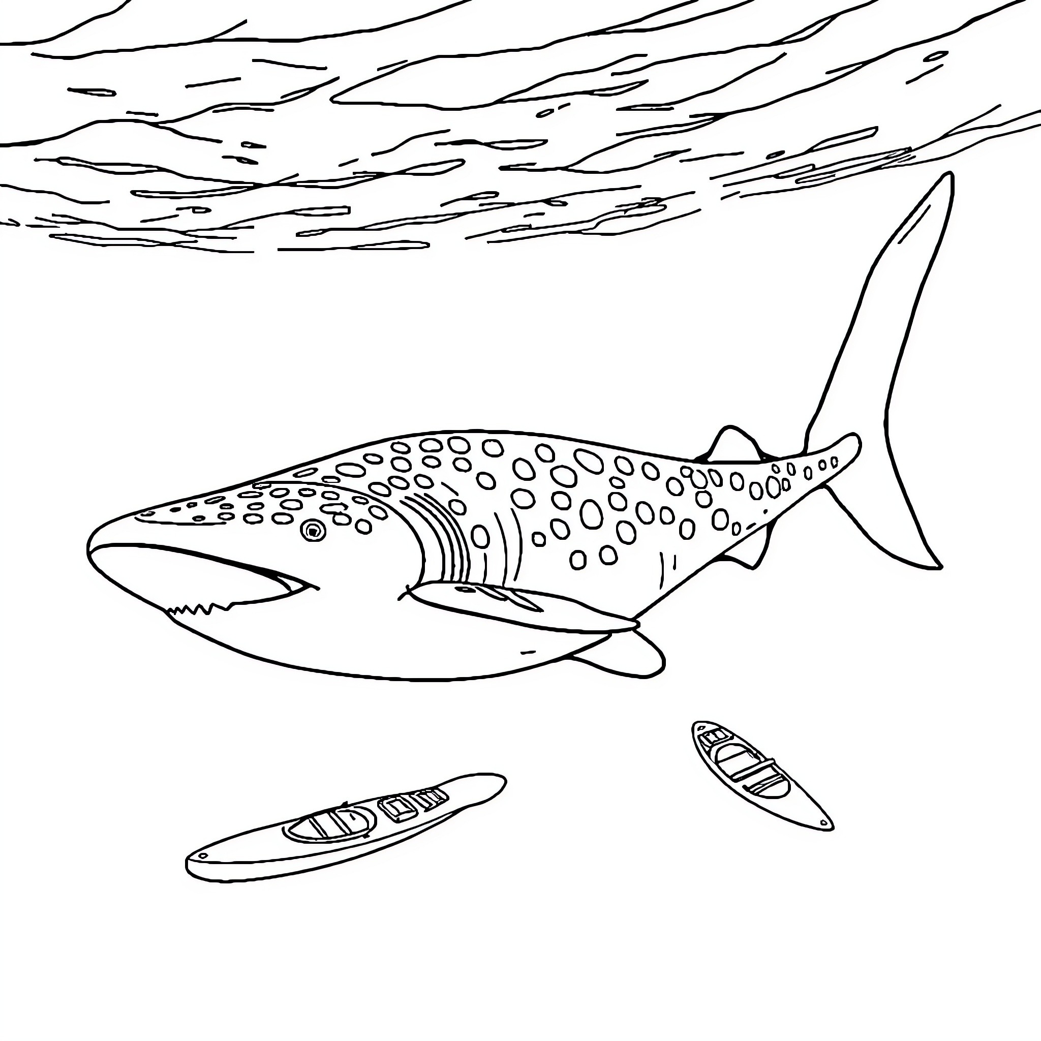 Whale Shark swimming with small boats Coloring Page (free black-and-white line drawing printable PDF for all, from beginners to advanced learners, including children, teens, adults, and seniors)