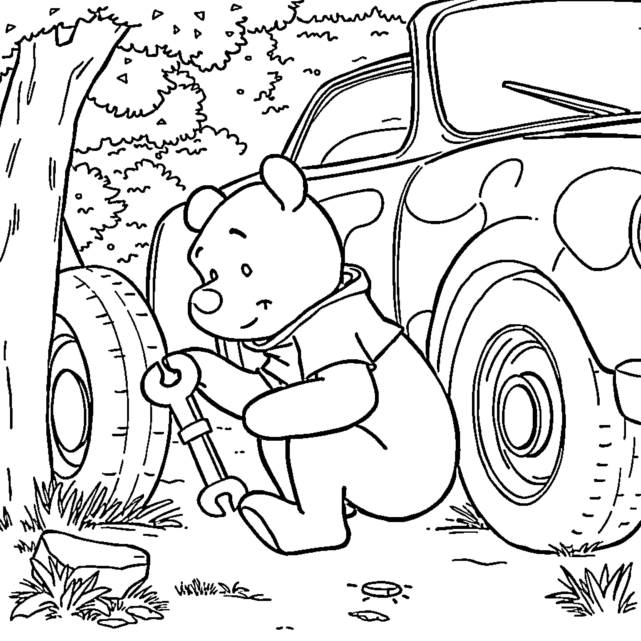 Winnie The Pooh fixing his car in the woods Coloring Page (free black-and-white line drawing printable PDF for all, from beginners to advanced learners, including children, teens, adults, and seniors)