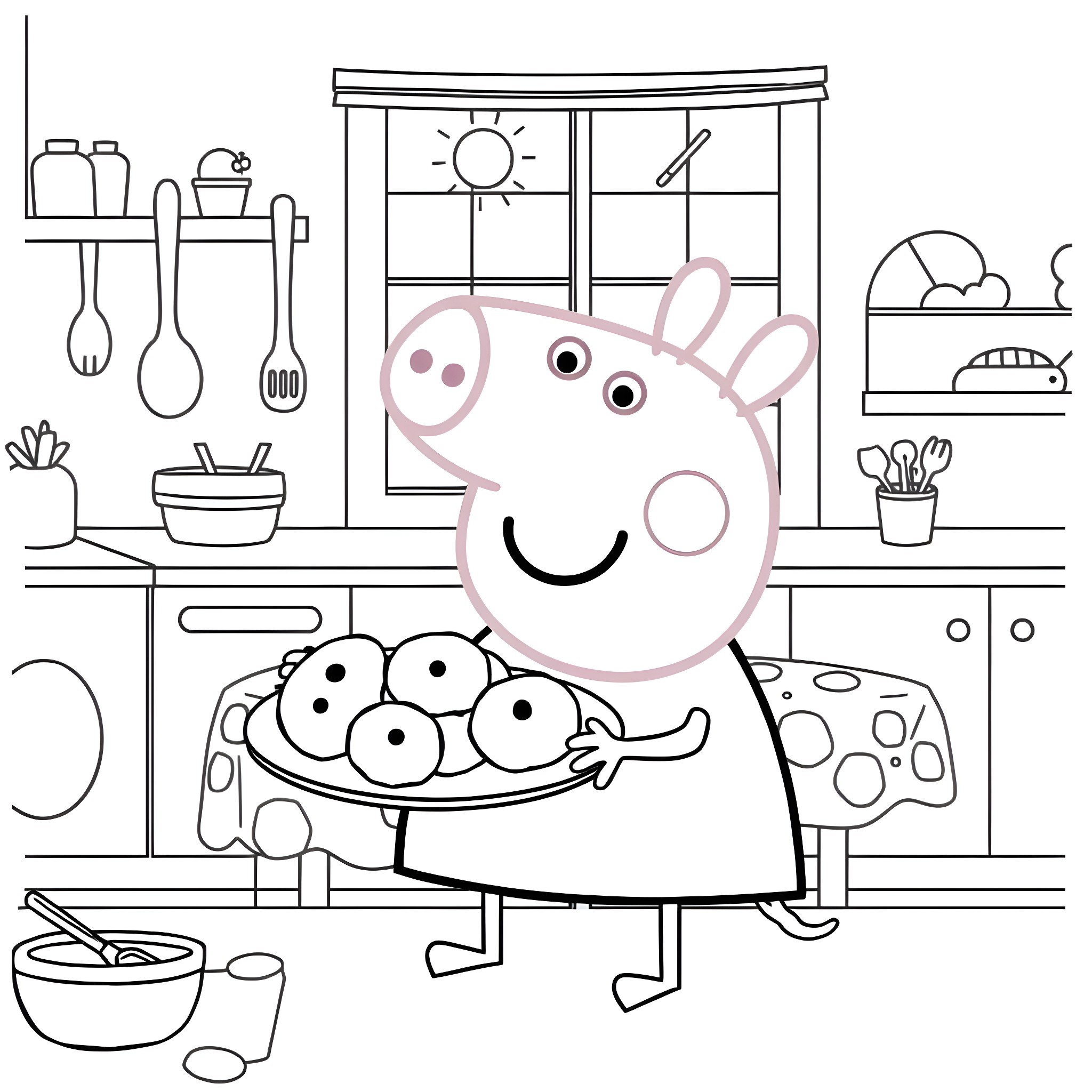 Peppa Pig baking cakes in the kitchen Coloring Page (free black-and-white line drawing printable PDF for all, from beginners to advanced learners, including children, teens, adults, and seniors)