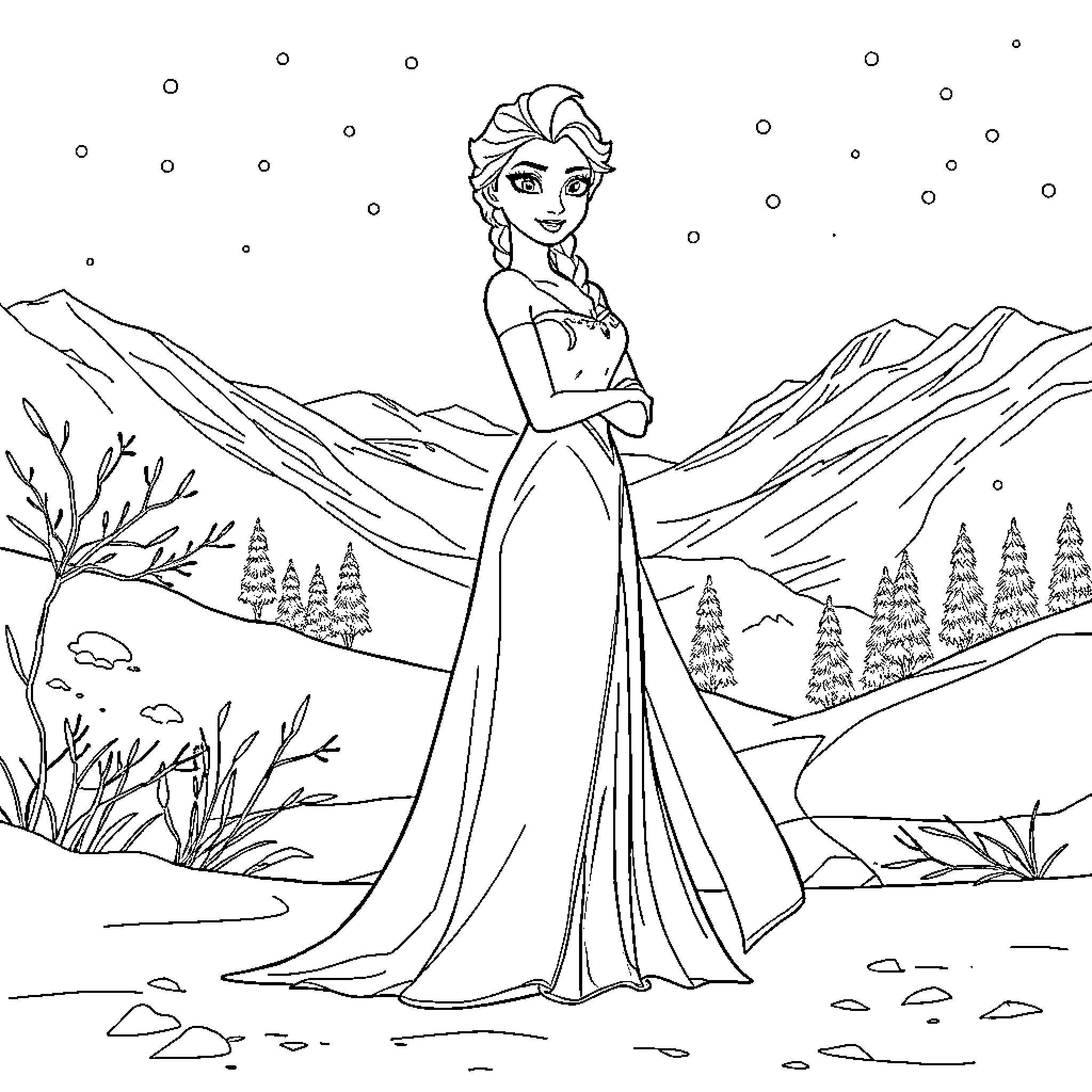 Elsa's Enchanting Winter Wonderland Coloring Page (free black-and-white line drawing printable PDF for all, from beginners to advanced learners, including children, teens, adults, and seniors)