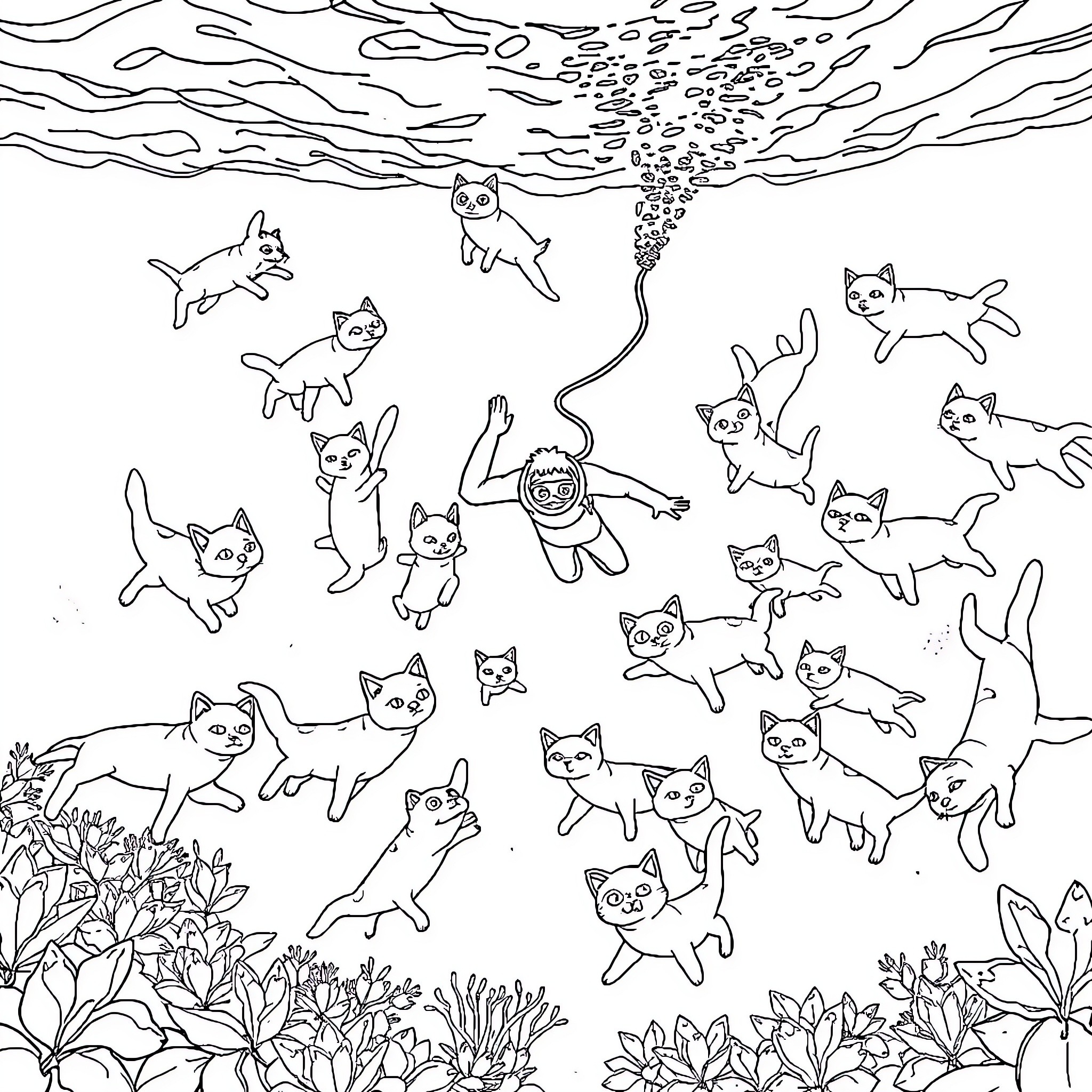 Freediver surrounded by playful cats in underwater garden Coloring Page (free black-and-white line drawing printable PDF for all, from beginners to advanced learners, including children, teens, adults, and seniors)
