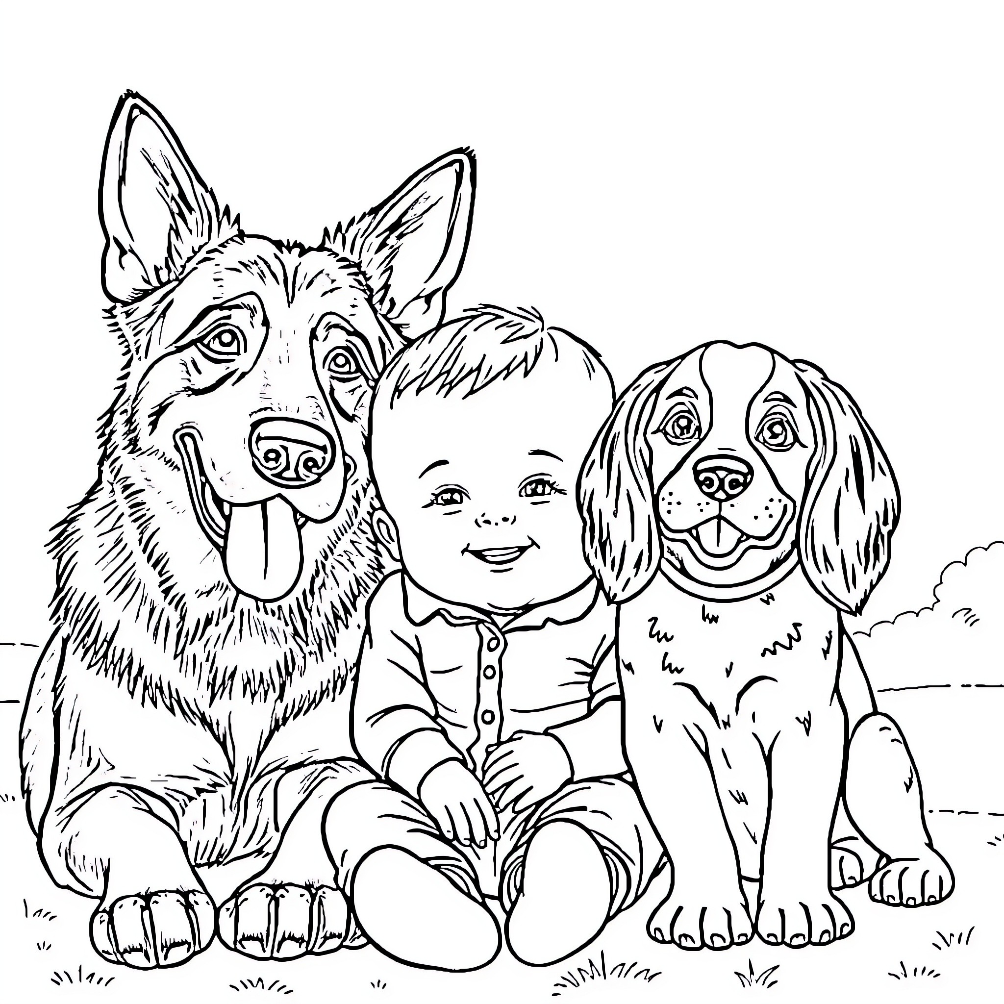 Baby Boy Playing with Loyal Canine Companions Coloring Page (free black-and-white line drawing printable PDF for all, from beginners to advanced learners, including children, teens, adults, and seniors)