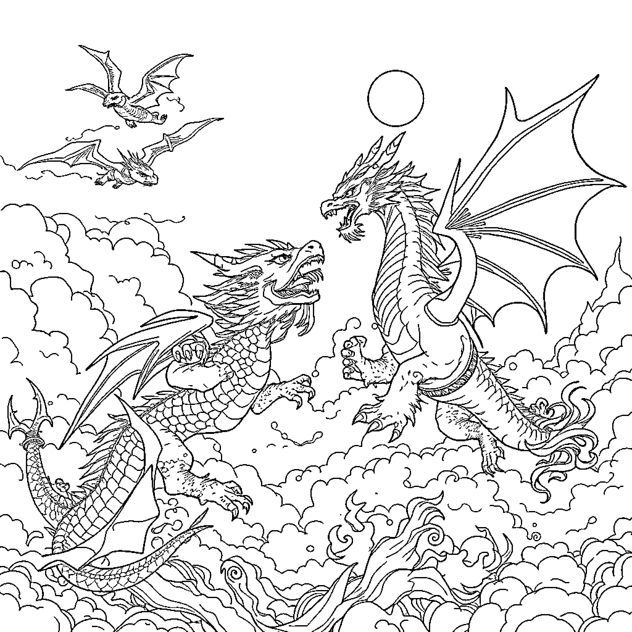 Dragon warriors battling in the clouded sky Coloring Page (free black-and-white line drawing printable PDF for all, from beginners to advanced learners, including children, teens, adults, and seniors)
