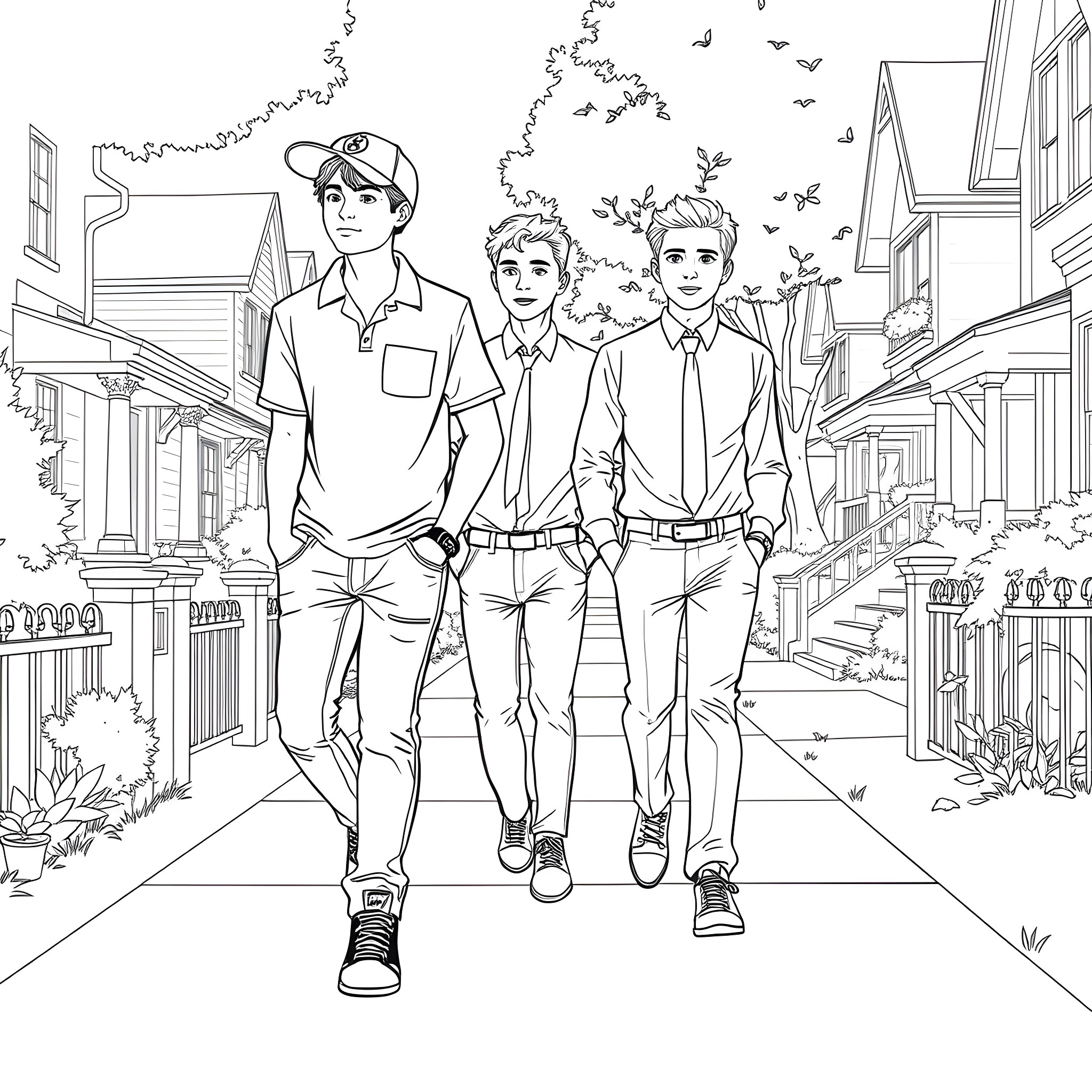 Teen boys walking confidently down city street Coloring Page (free black-and-white line drawing printable PDF for all, from beginners to advanced learners, including children, teens, adults, and seniors)