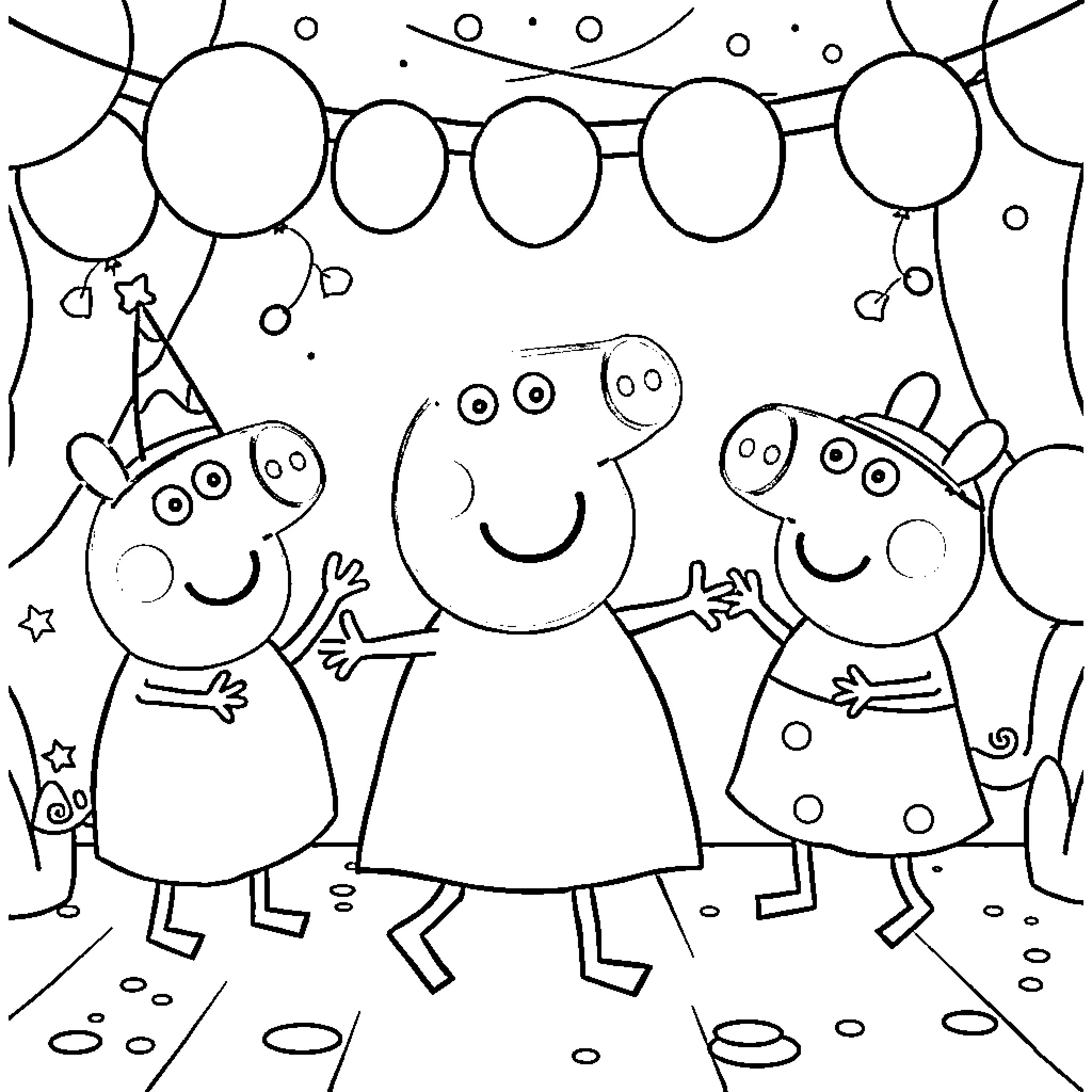 Peppa Pig characters having a party with balloons Coloring Page (free black-and-white line drawing printable PDF for all, from beginners to advanced learners, including children, teens, adults, and seniors)