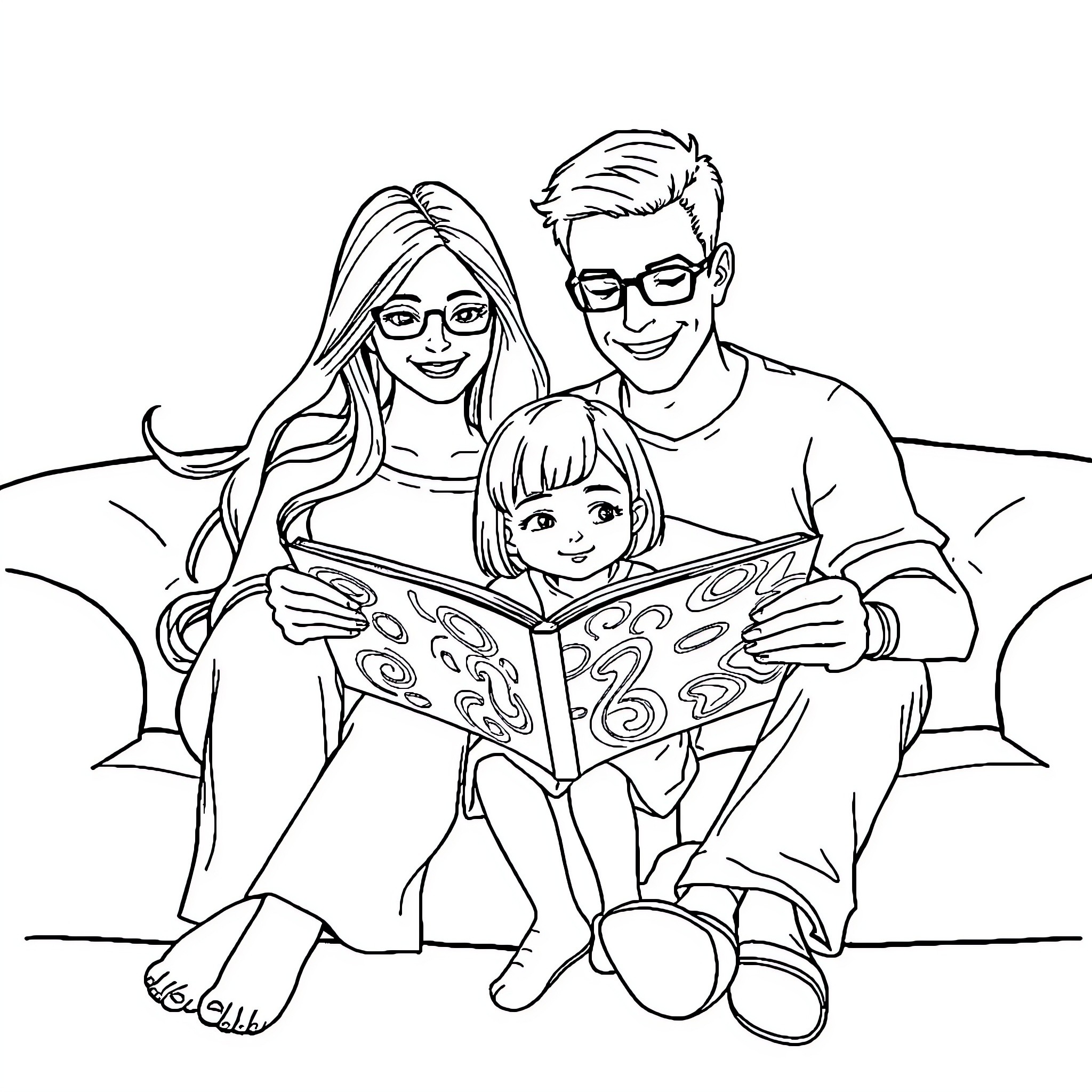 Family Enjoying a Book Together Coloring Page (free black-and-white line drawing printable PDF for all, from beginners to advanced learners, including children, teens, adults, and seniors)