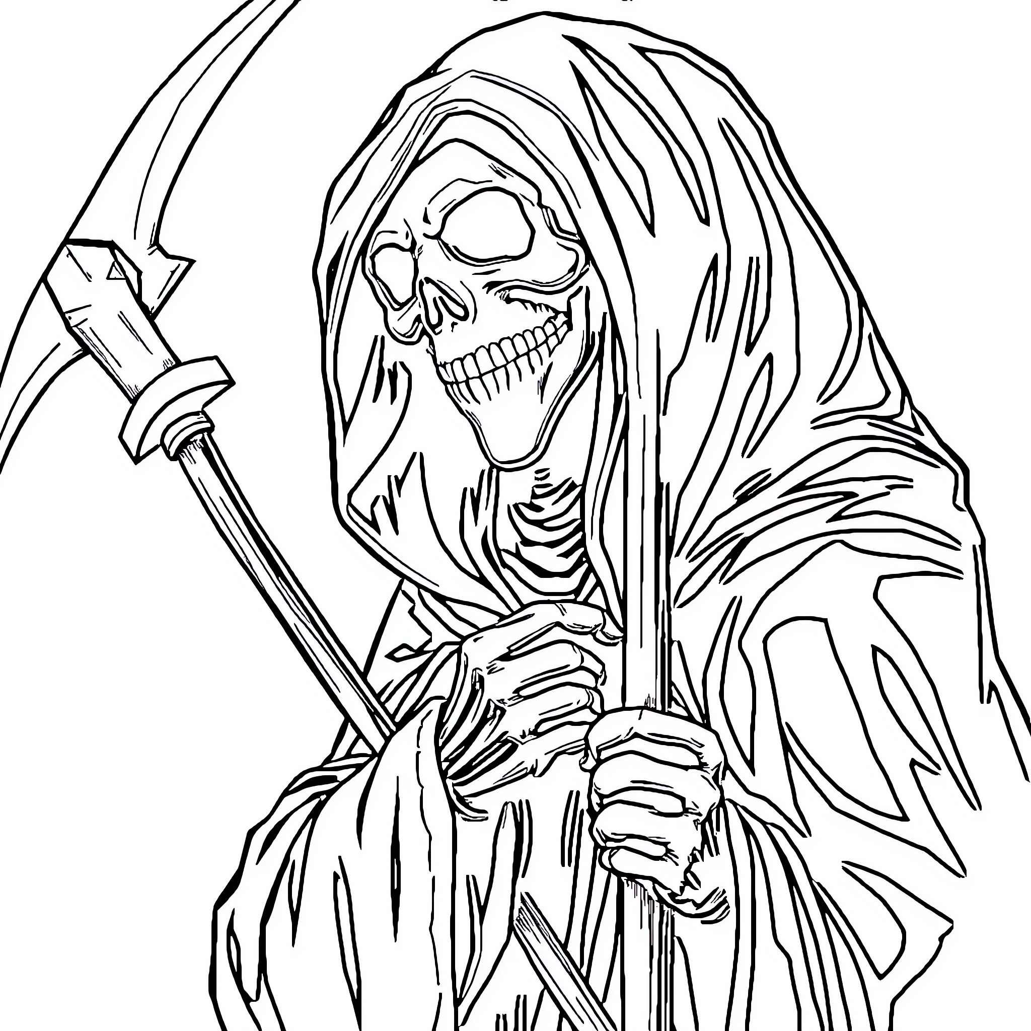 Santa Muerte Wielding the Scythe of Death Coloring Page (free black-and-white line drawing printable PDF for all, from beginners to advanced learners, including children, teens, adults, and seniors)