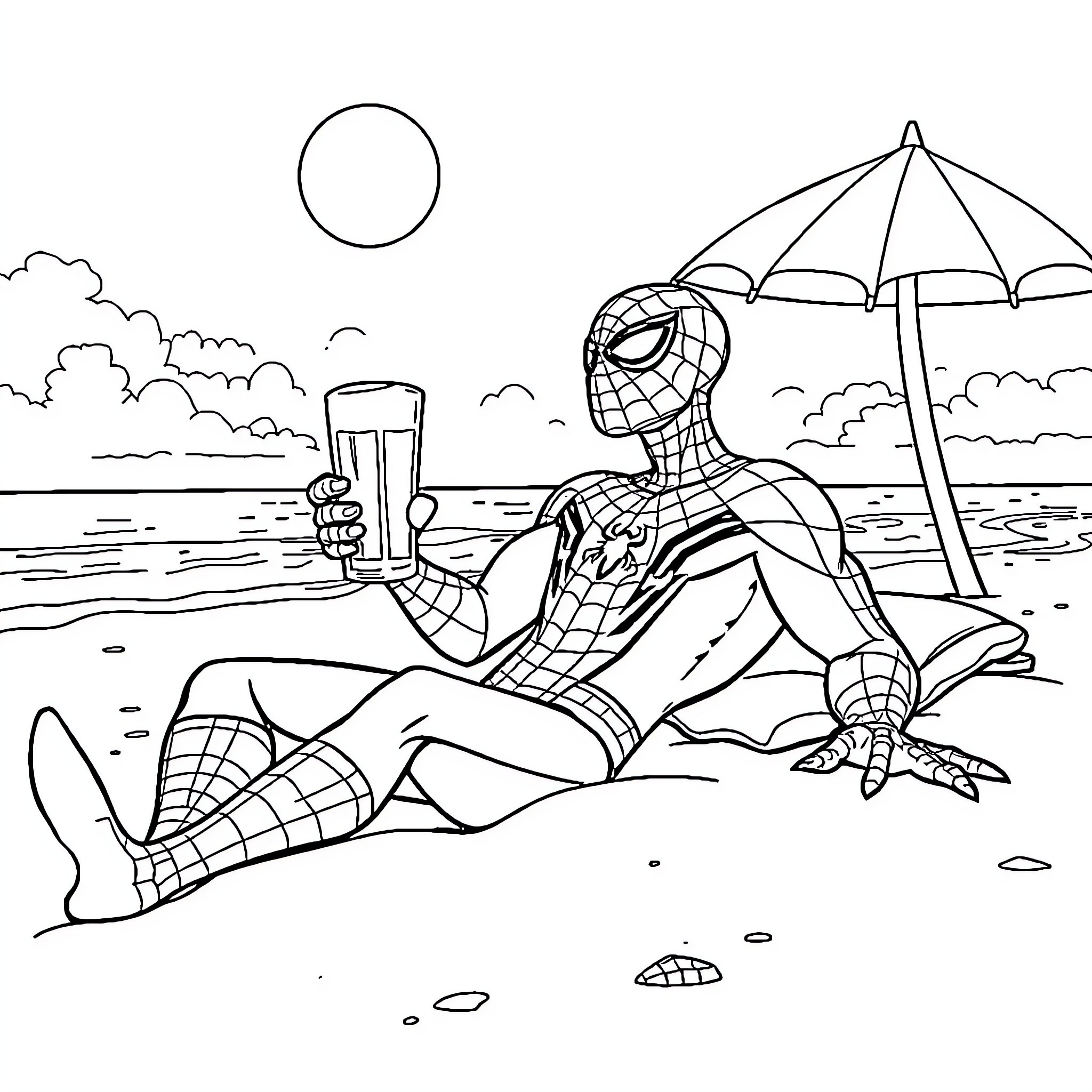 Spiderman relaxing on the beach Coloring Page (free black-and-white line drawing printable PDF for all, from beginners to advanced learners, including children, teens, adults, and seniors)