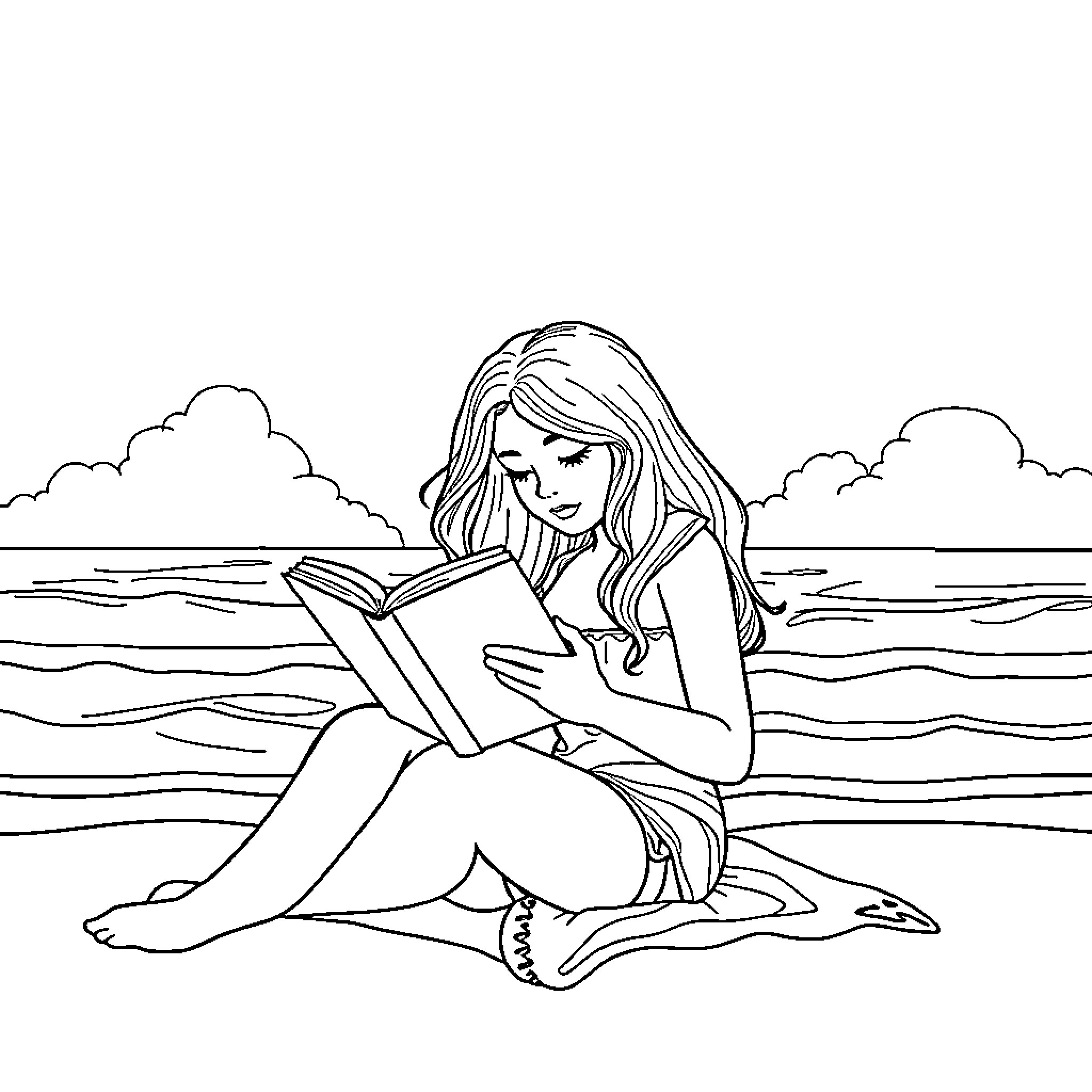Bella reading a book by the beach Coloring Page (free black-and-white line drawing printable PDF for all, from beginners to advanced learners, including children, teens, adults, and seniors)