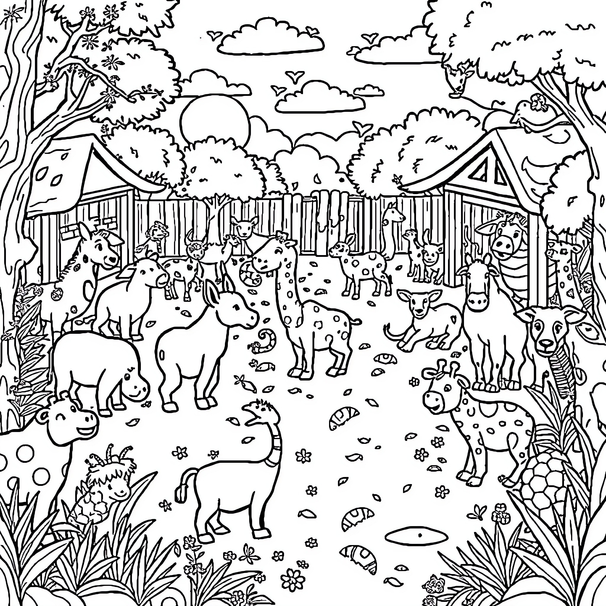 Animal gathering at the farmyard Coloring Page (free black-and-white line drawing printable PDF for all, from beginners to advanced learners, including children, teens, adults, and seniors)