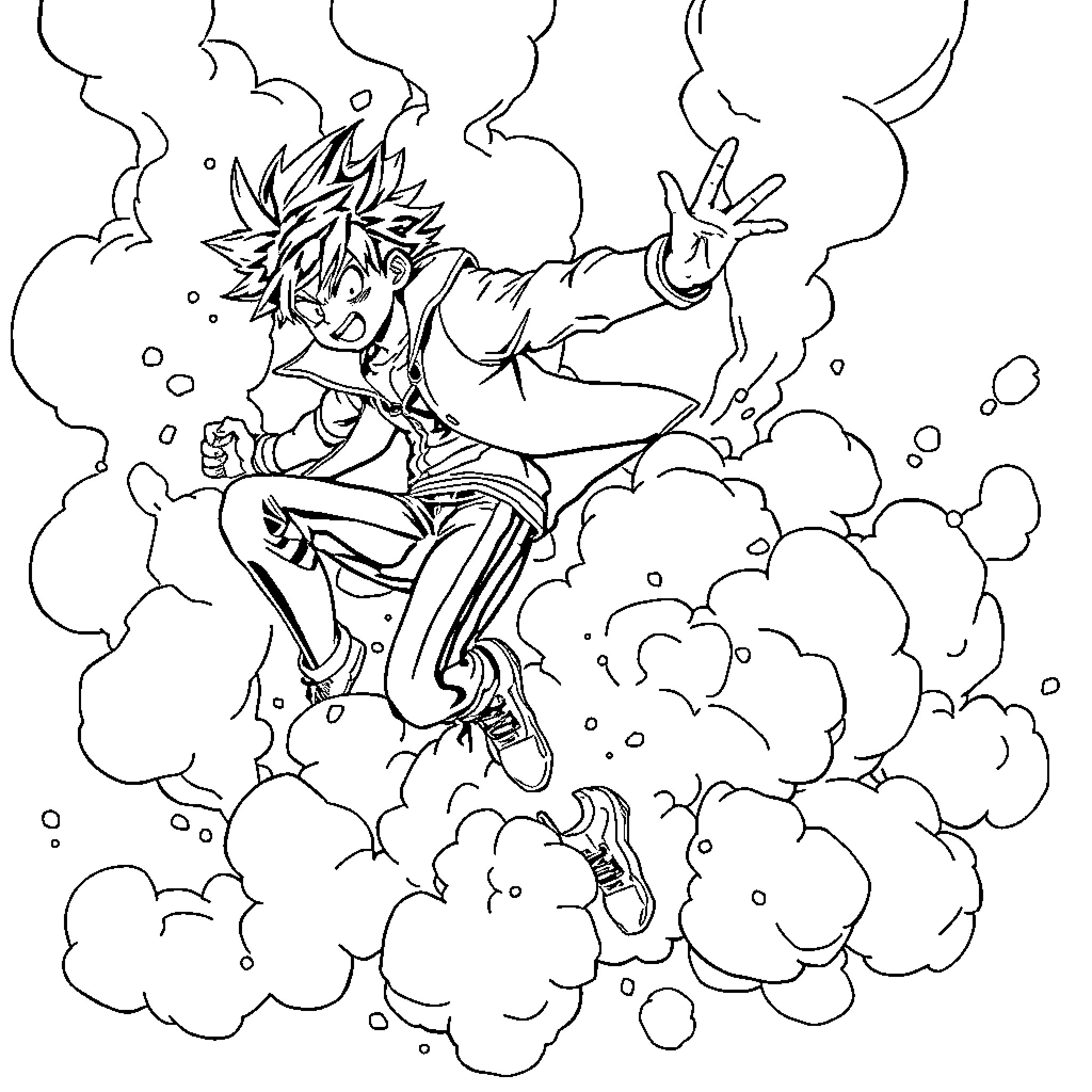 Katsuki Bakugo exploding with fiery determination Coloring Page (free black-and-white line drawing printable PDF for all, from beginners to advanced learners, including children, teens, adults, and seniors)
