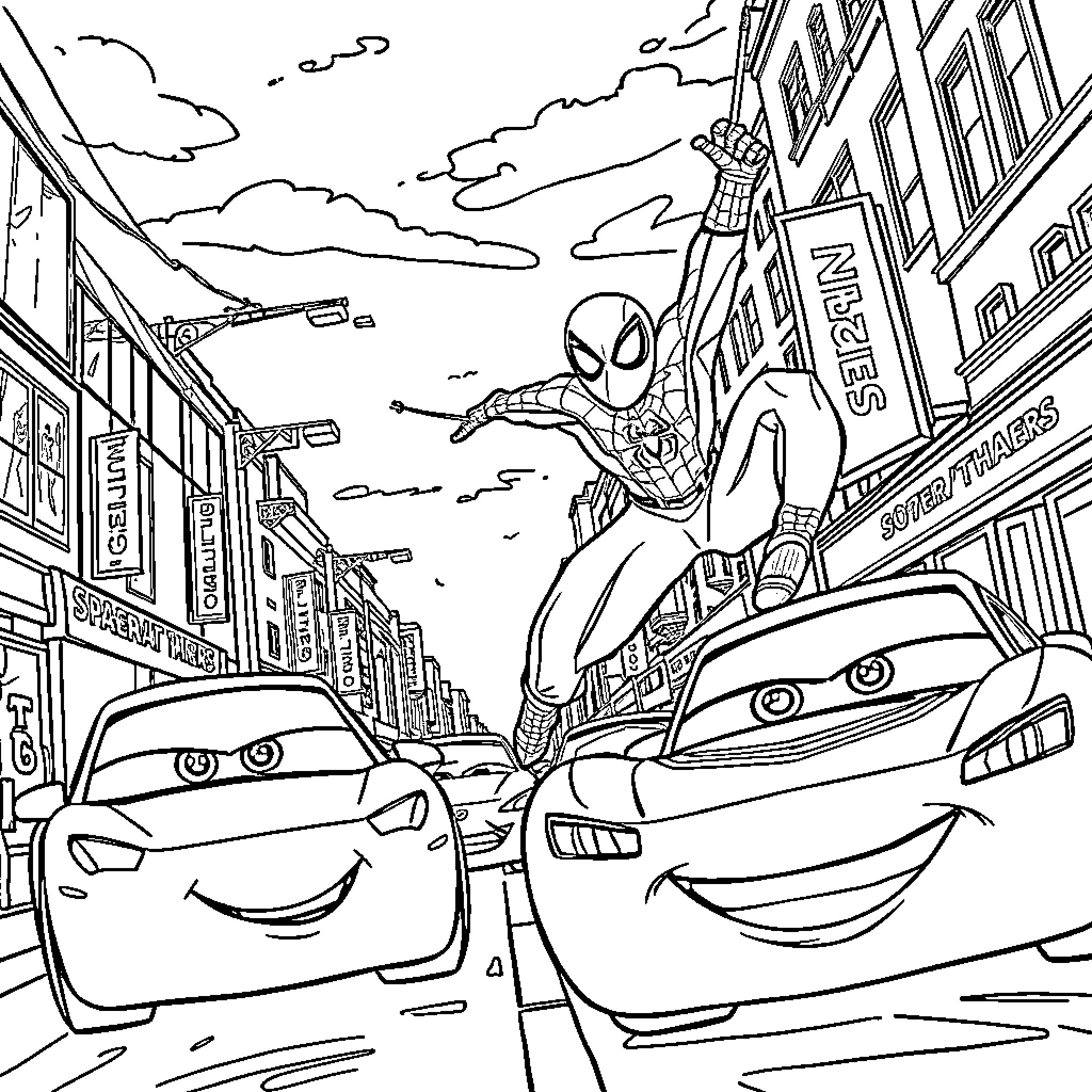 Spiderman swinging through busy city with cars Coloring Page (free black-and-white line drawing printable PDF for all, from beginners to advanced learners, including children, teens, adults, and seniors)