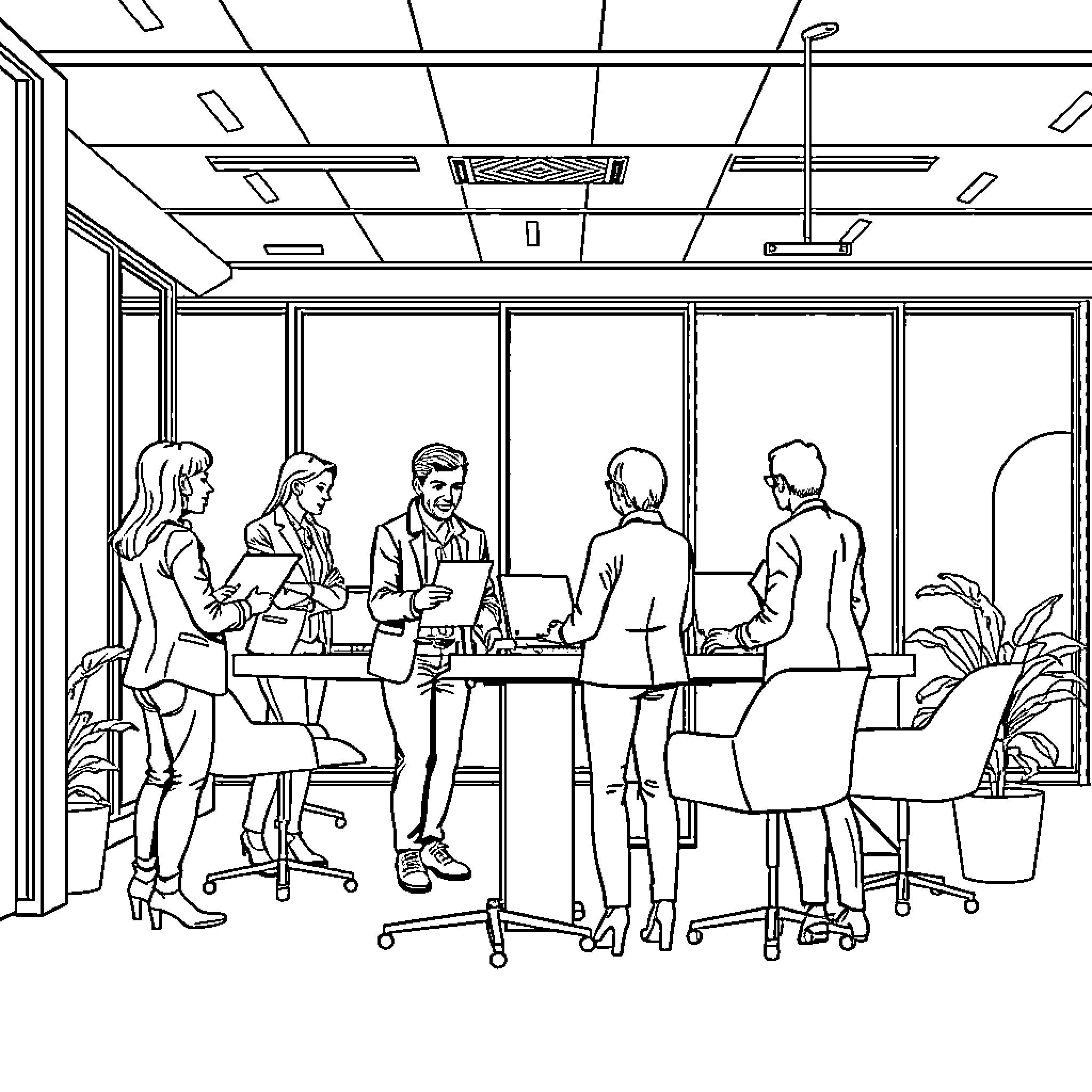 Verity at the Business Meeting Coloring Page (free black-and-white line drawing printable PDF for all, from beginners to advanced learners, including children, teens, adults, and seniors)