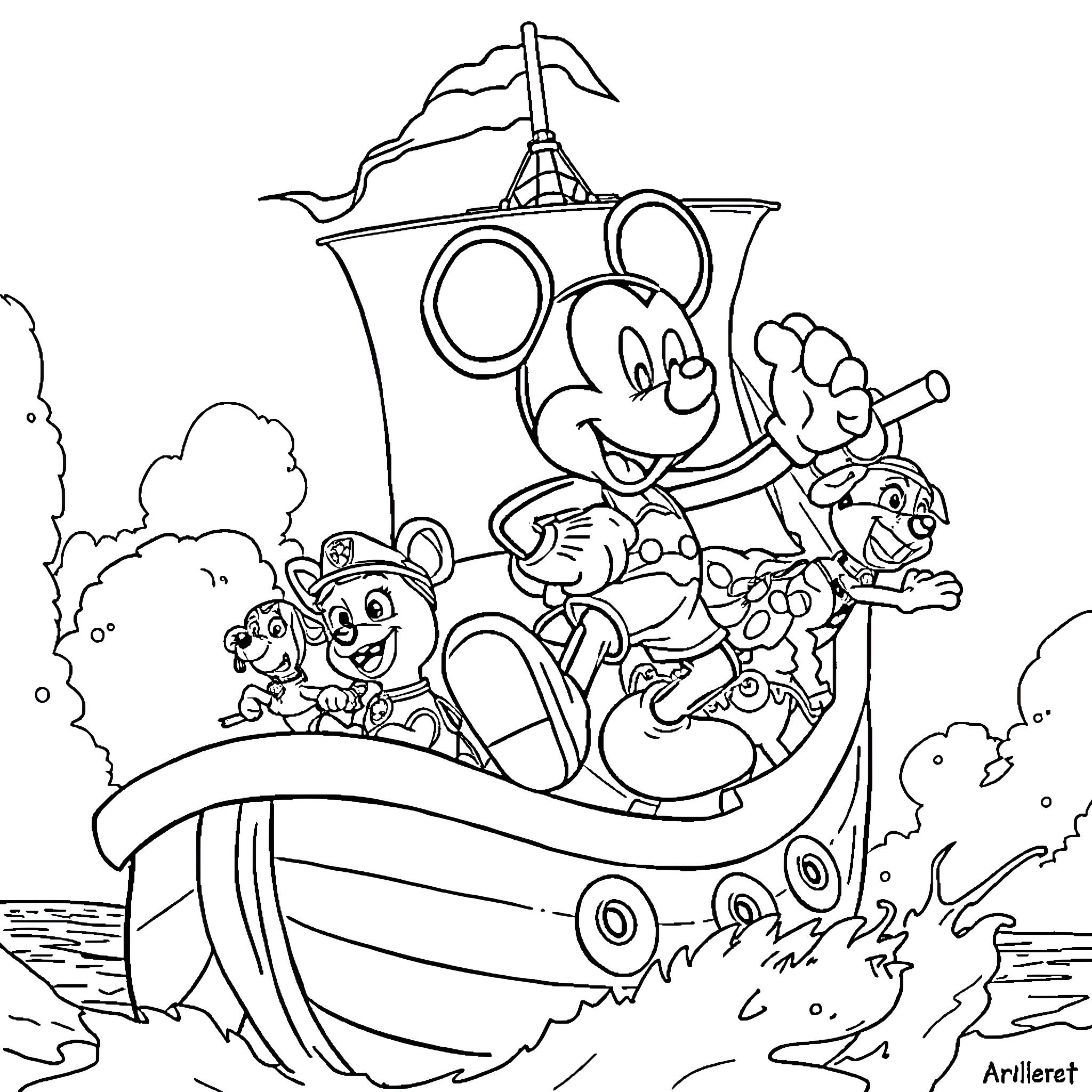 Mickey Mouse and friends on a pirate ship adventure Coloring Page (free black-and-white line drawing printable PDF for all, from beginners to advanced learners, including children, teens, adults, and seniors)