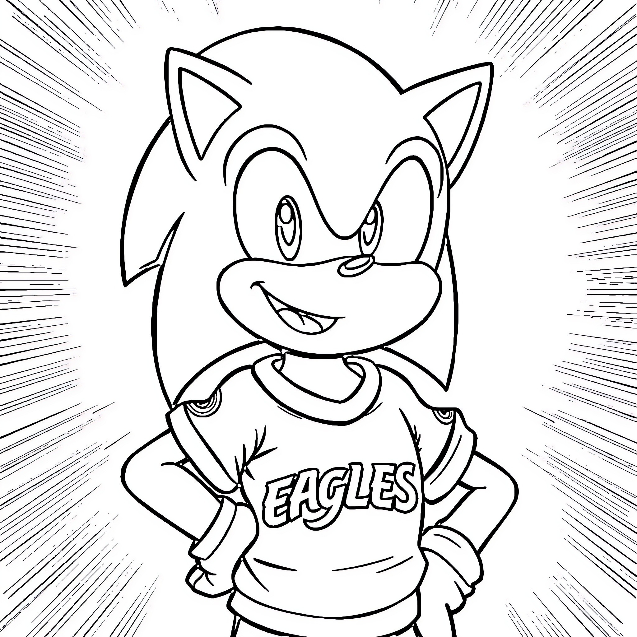 Sonic the Hedgehog in Eagles jersey cheering happily Coloring Page (free black-and-white line drawing printable PDF for all, from beginners to advanced learners, including children, teens, adults, and seniors)