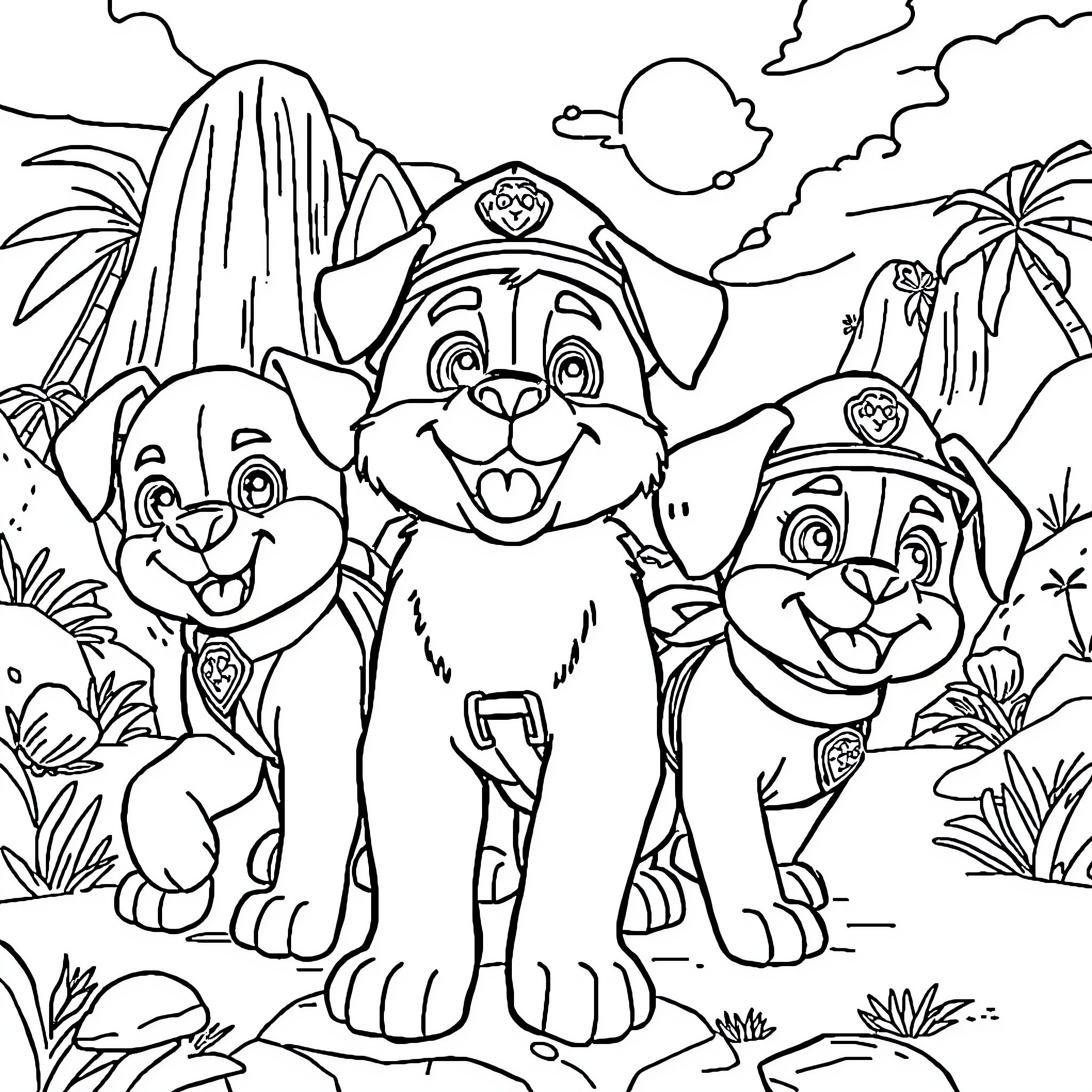 Paw Patrol pups exploring the jungle Coloring Page (free black-and-white line drawing printable PDF for all, from beginners to advanced learners, including children, teens, adults, and seniors)