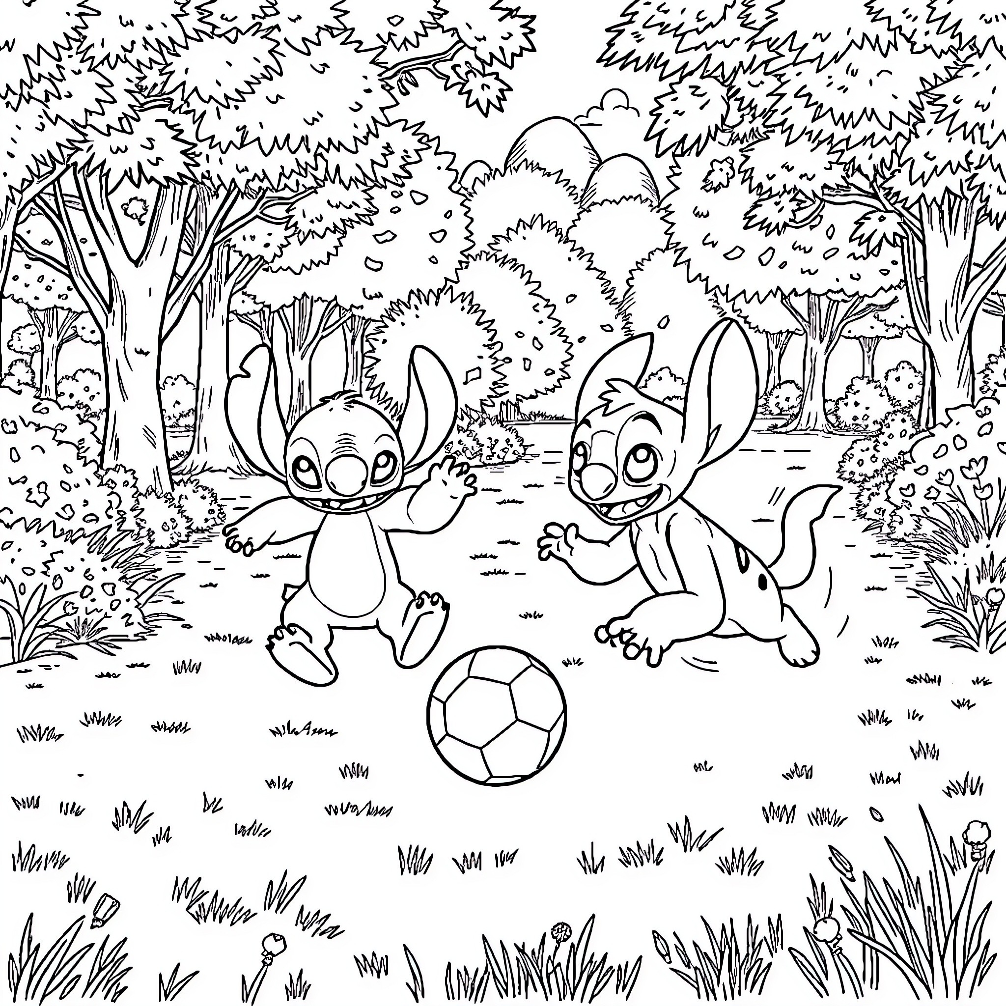 Stitch and Angel playing soccer in the forest Coloring Page (free black-and-white line drawing printable PDF for all, from beginners to advanced learners, including children, teens, adults, and seniors)