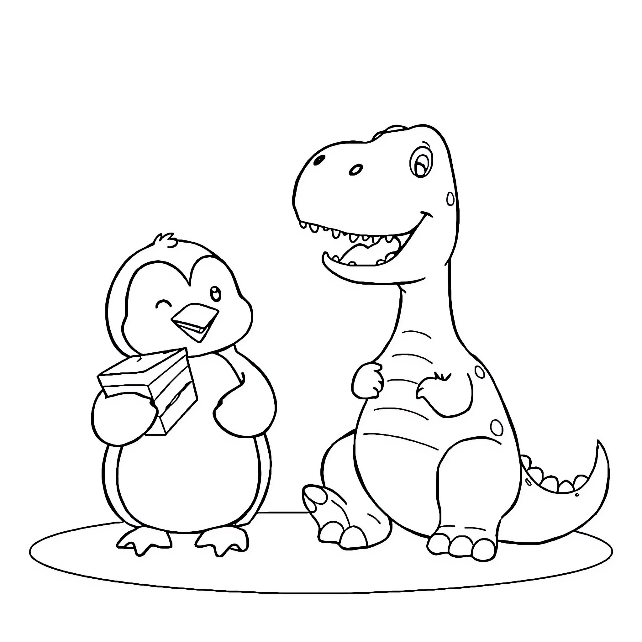 Penguin and dinosaur playing together happily Coloring Page (free black-and-white line drawing printable PDF for all, from beginners to advanced learners, including children, teens, adults, and seniors)