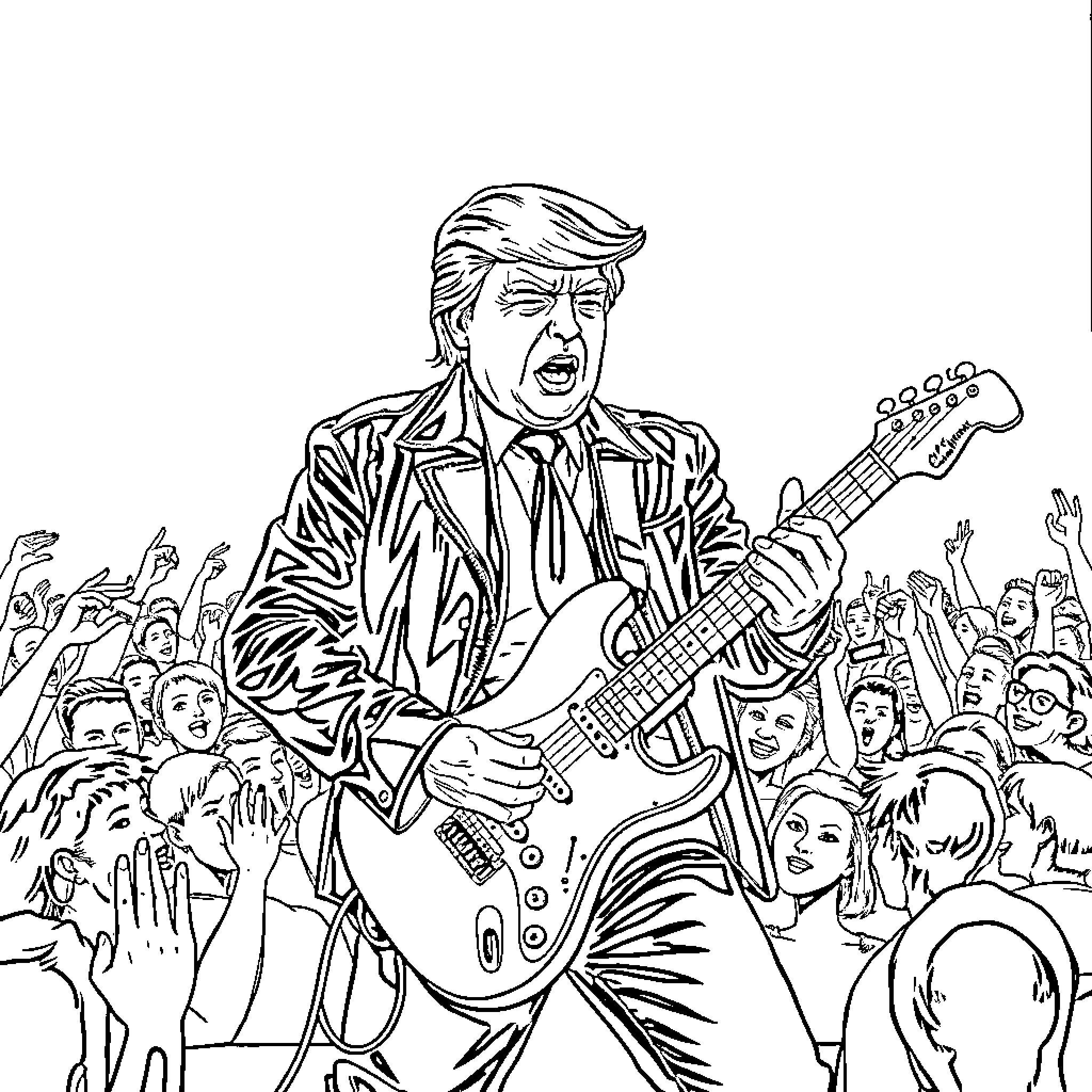 Donald Trump Performing Live for Enthusiastic Crowd Coloring Page (free black-and-white line drawing printable PDF for all, from beginners to advanced learners, including children, teens, adults, and seniors)