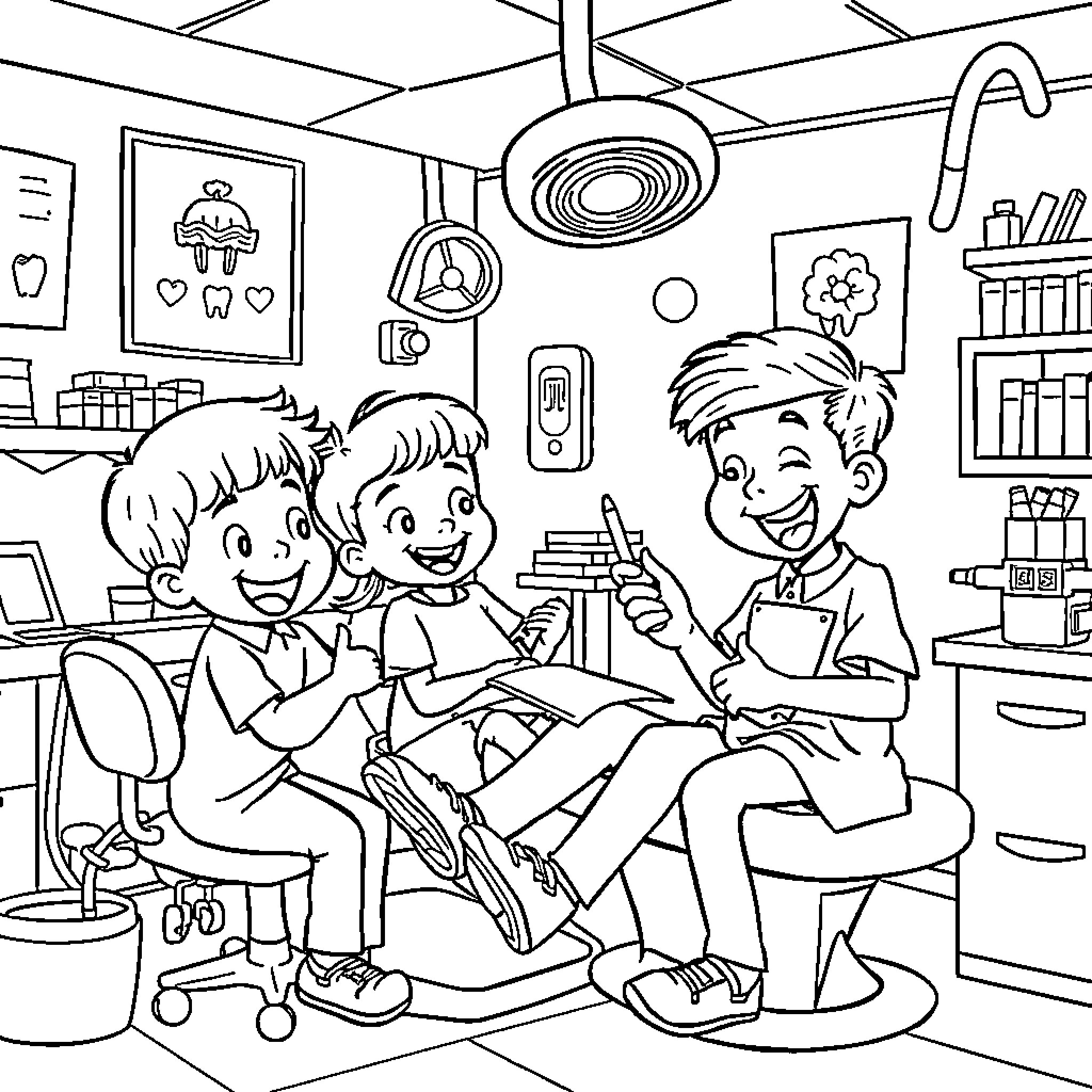 Dentist Providing Dental Care to Young Patients Coloring Page (free black-and-white line drawing printable PDF for all, from beginners to advanced learners, including children, teens, adults, and seniors)