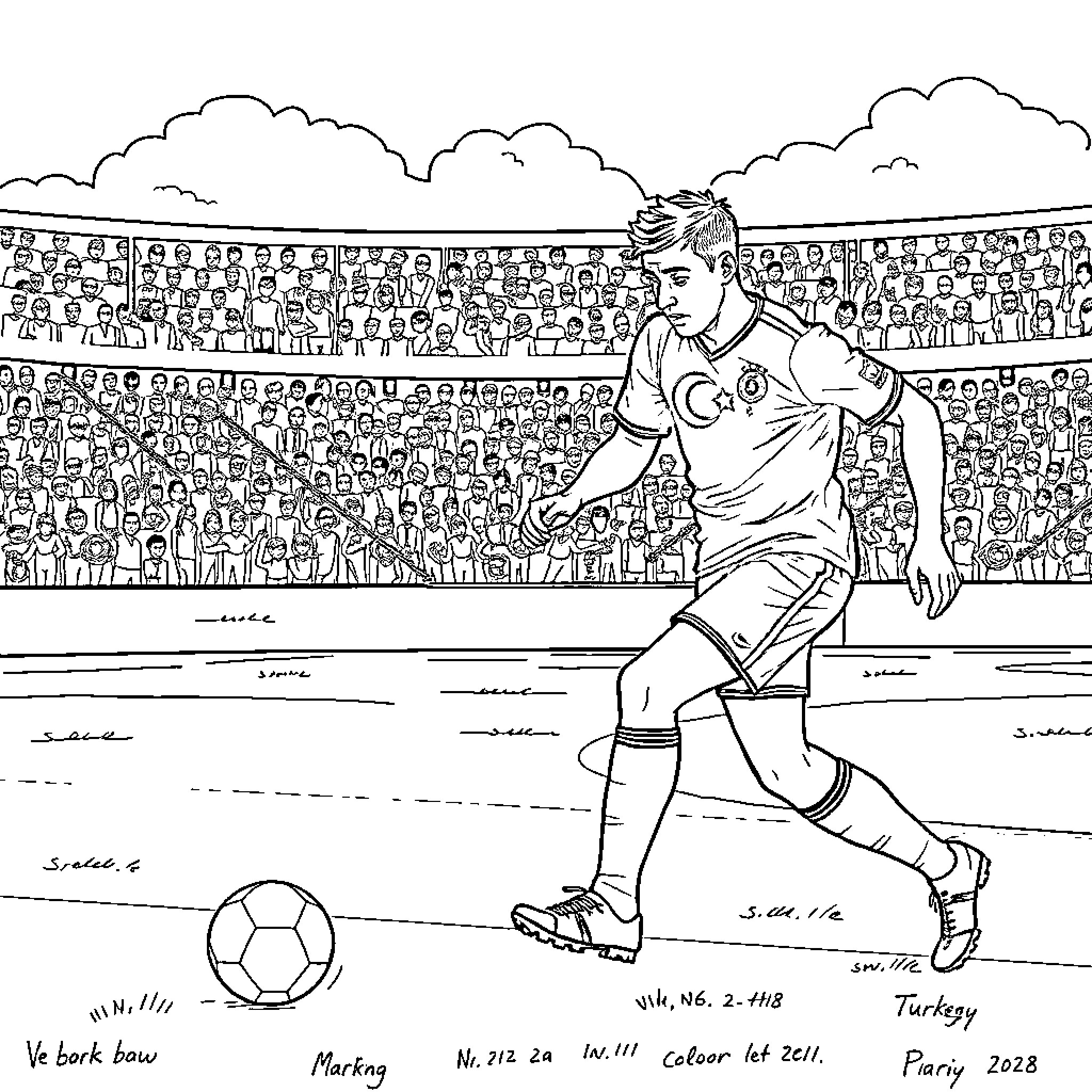 Football Player Celebrates Scoring Goal in Stadium Coloring Page (free black-and-white line drawing printable PDF for all, from beginners to advanced learners, including children, teens, adults, and seniors)