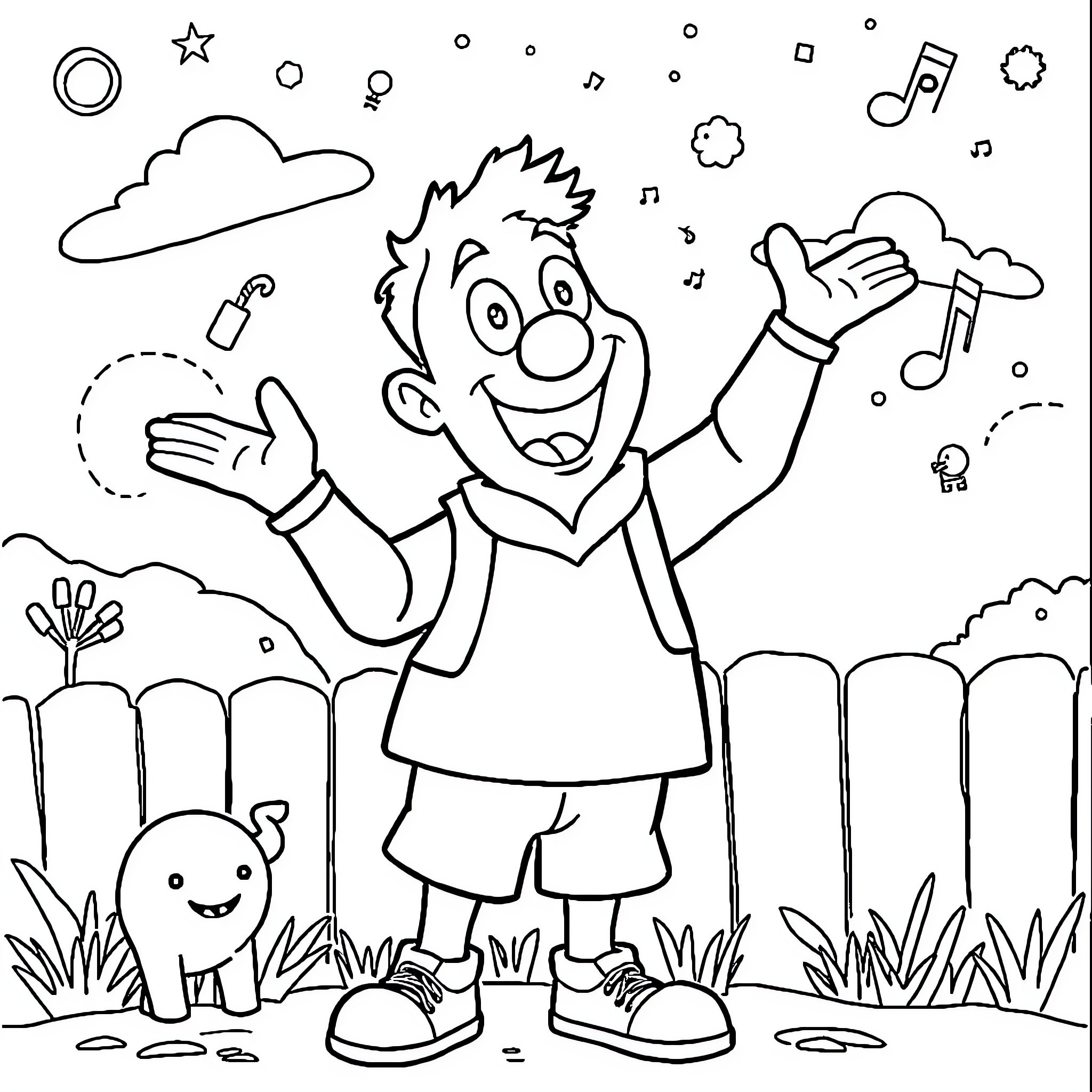 Blippi Enjoying the Outdoors with Friendly Creatures Coloring Page (free black-and-white line drawing printable PDF for all, from beginners to advanced learners, including children, teens, adults, and seniors)