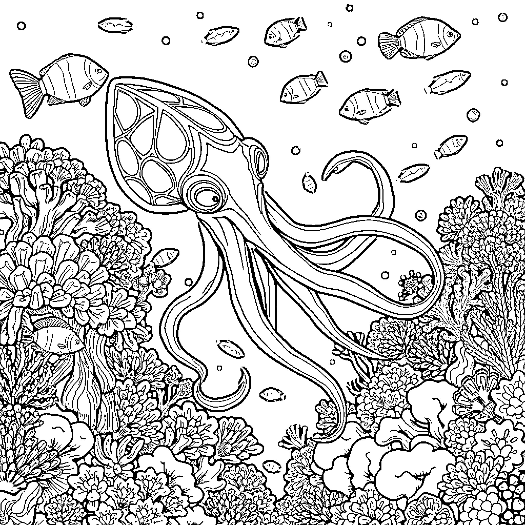 Squid dancing amidst vibrant coral reef and tropical fish Coloring Page (free black-and-white line drawing printable PDF for all, from beginners to advanced learners, including children, teens, adults, and seniors)