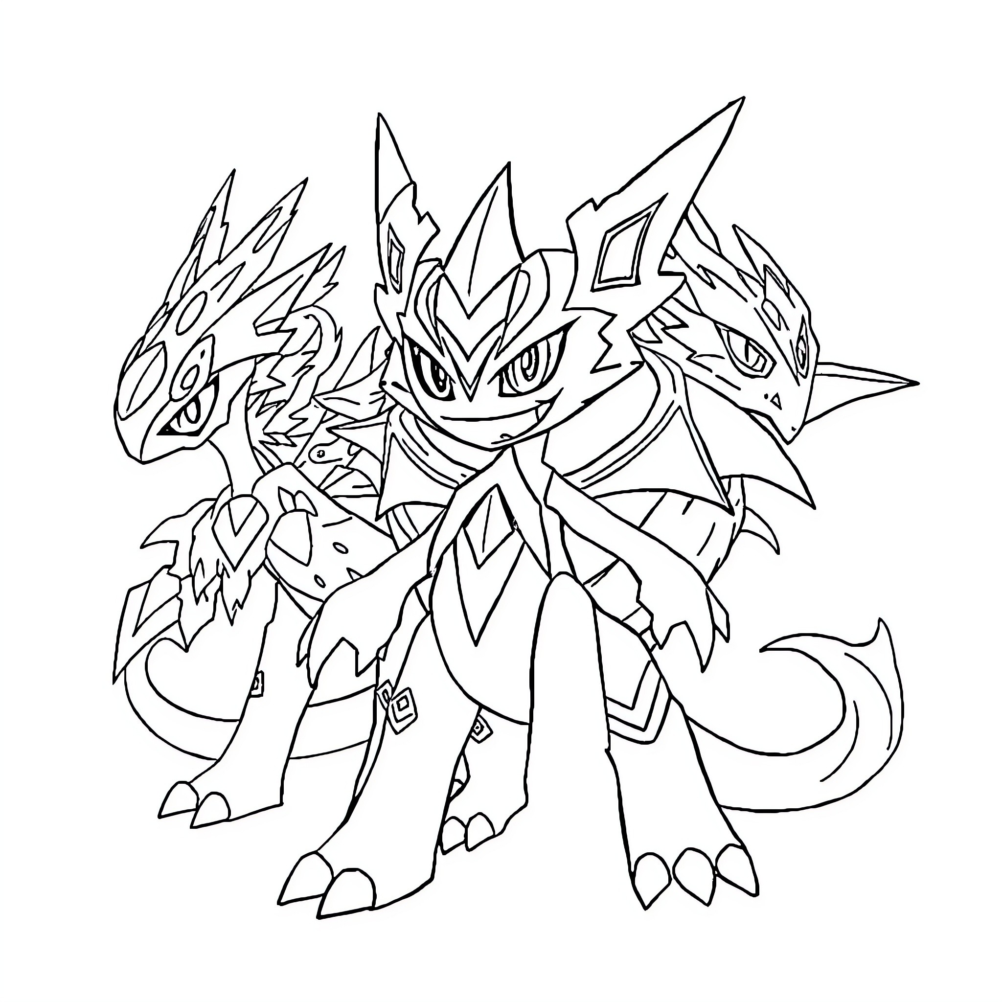 Digimon creatures in fierce battle posture Coloring Page (free black-and-white line drawing printable PDF for all, from beginners to advanced learners, including children, teens, adults, and seniors)