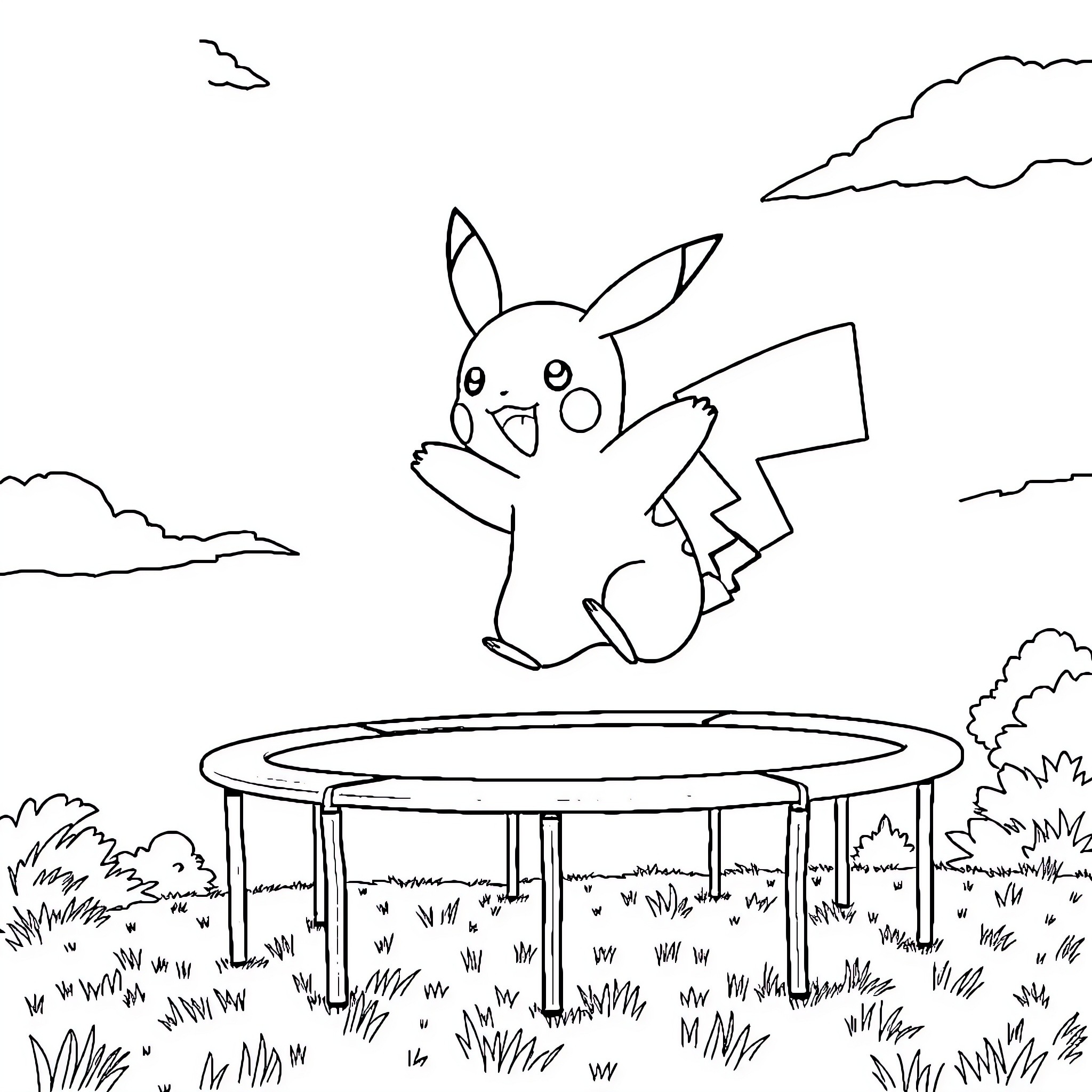 Pikachu bouncing on a trampoline in an outdoor scene Coloring Page (free black-and-white line drawing printable PDF for all, from beginners to advanced learners, including children, teens, adults, and seniors)