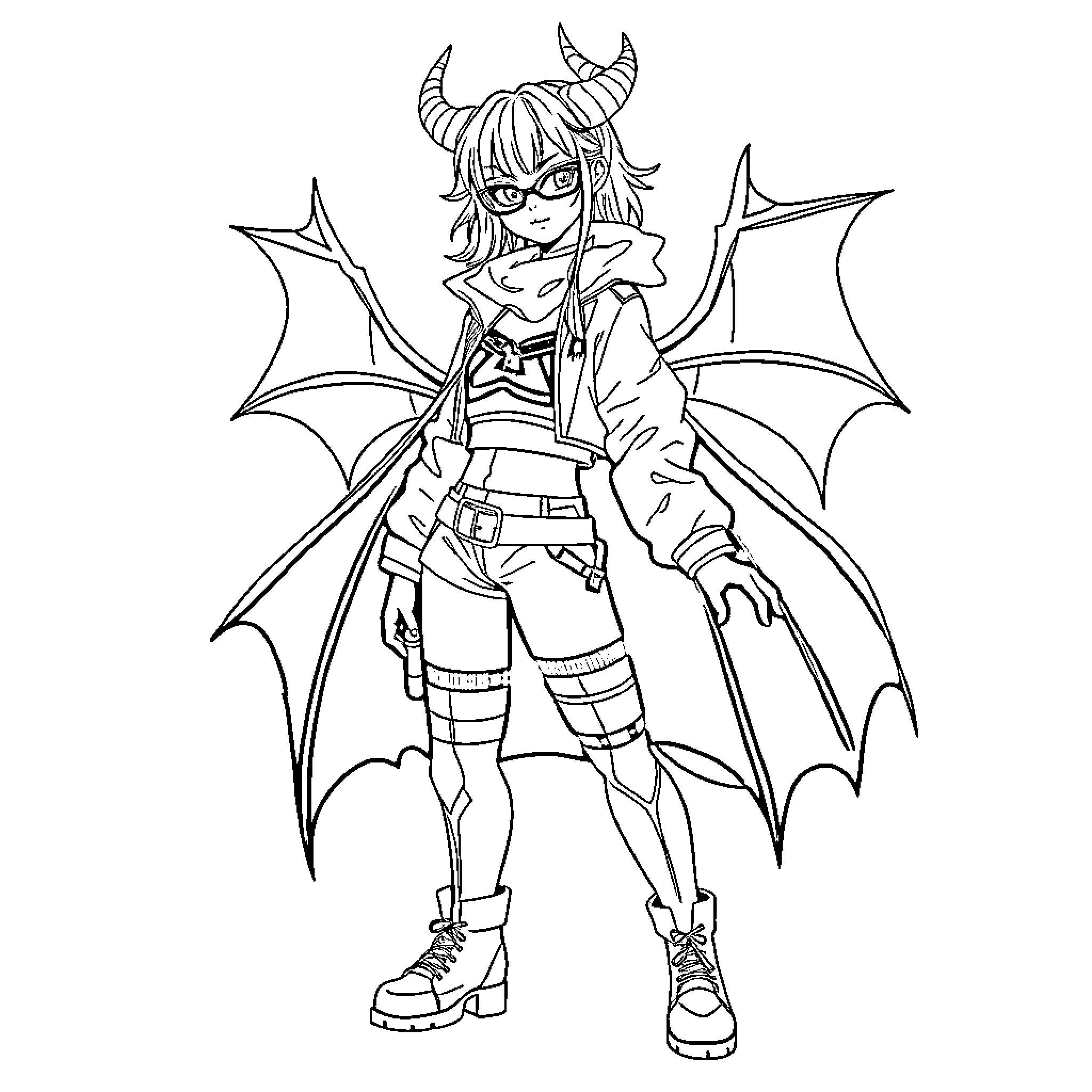 Rumi the Confident Demon Warrior Coloring Page (free black-and-white line drawing printable PDF for all, from beginners to advanced learners, including children, teens, adults, and seniors)