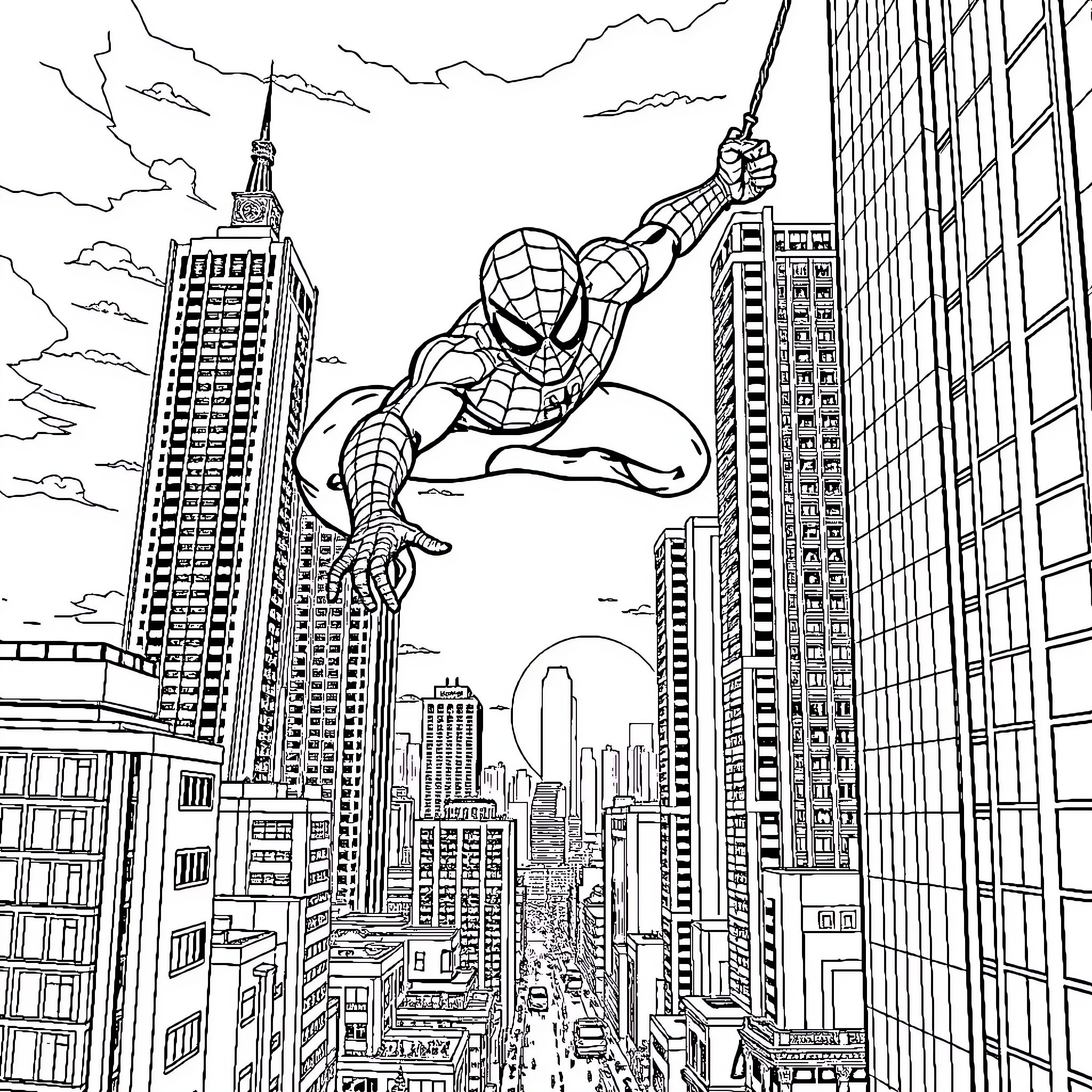 Spiderman swinging through the city skyline Coloring Page (free black-and-white line drawing printable PDF for all, from beginners to advanced learners, including children, teens, adults, and seniors)